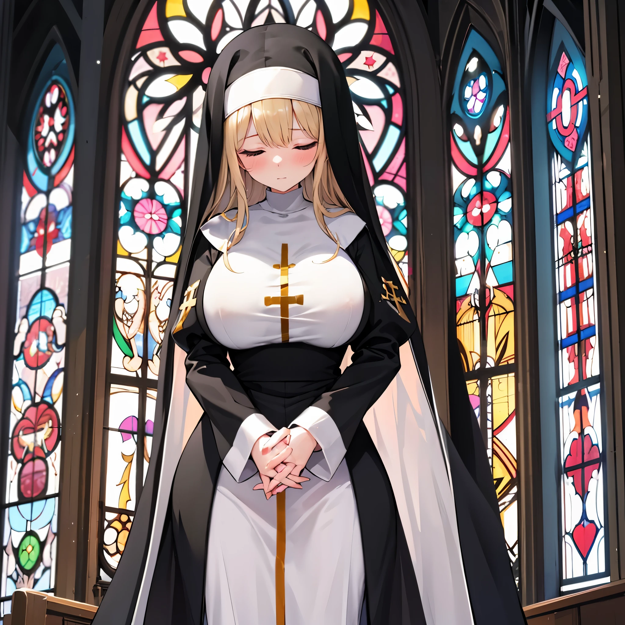 solo 1 praying num standing in church, praying with holding hands together, (long black sheer nun's robe), huge breasts, closing eyes, nose blush, stained glass