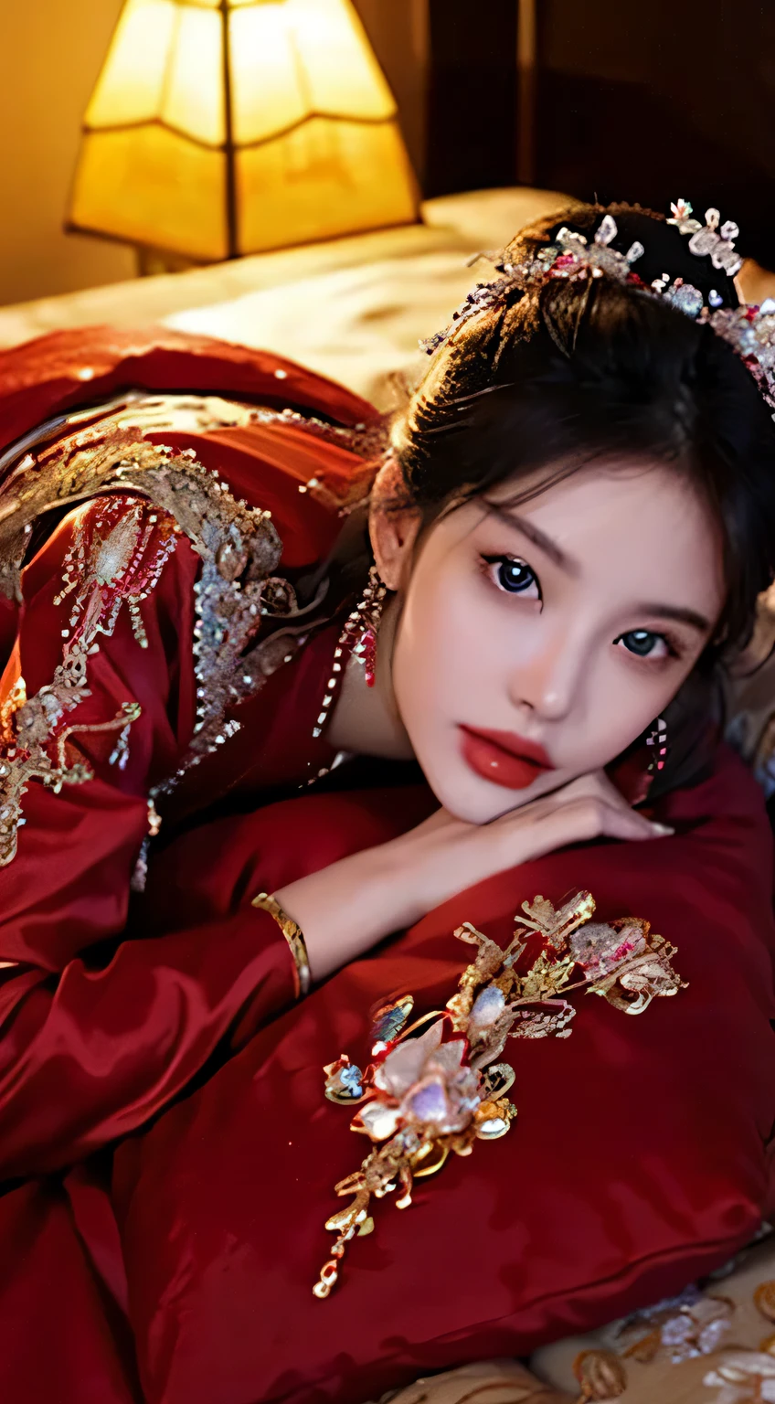 Beautiful Chinese princess, Characteristics of fantasy beauty, Its appearance,, luminous red eyes, wearing jewellery,Glowing red crystal strands cover the flowers, Lie down in bed，covered in jewels and crystals ,,The large, , 穿着The large胆而威严的礼服,the ultra-detailed,The large胆而雄伟的外观