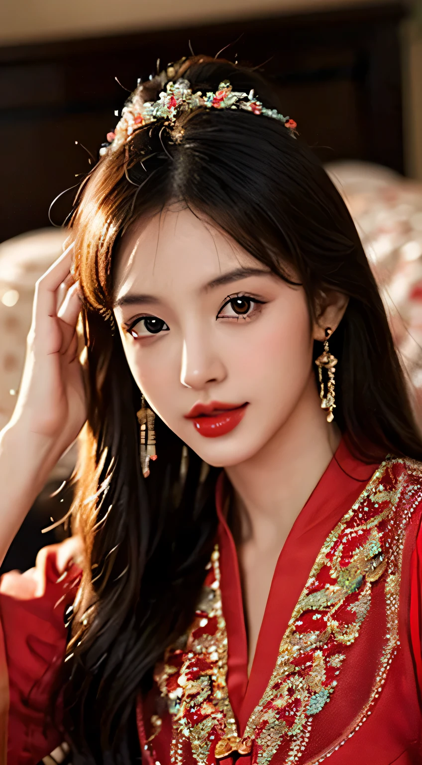 Beautiful Chinese princess, Characteristics of fantasy beauty, Its appearance,, luminous red eyes, wearing jewellery,Glowing red crystal strands cover the flowers, Lie down in bed，covered in jewels and crystals ,,The large, , 穿着The large胆而威严的礼服,the ultra-detailed,The large胆而雄伟的外观