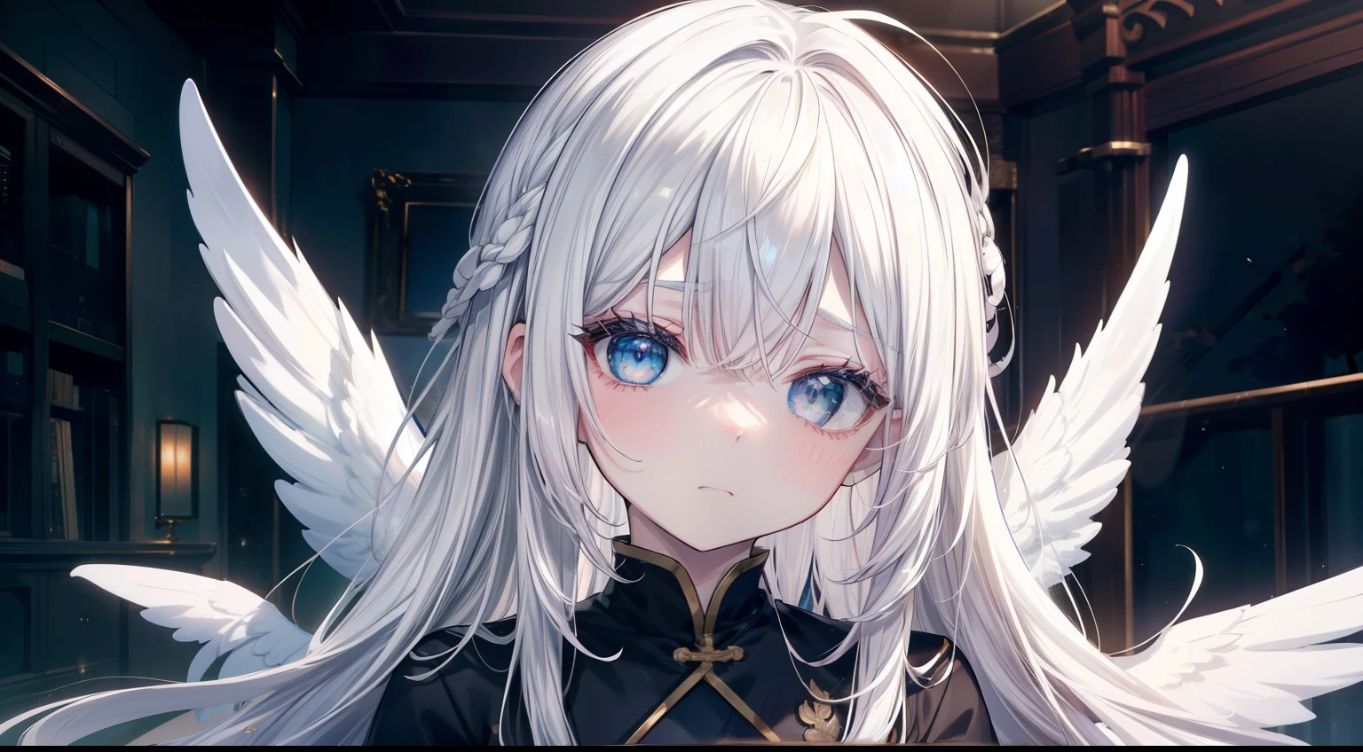 (masutepiece, Best Quality), Intricate details, 8K, Sharp focus quality) (Detailed skin:1.3) (Intricate details) (8K) (Detailed eyes) (Anime) 、Man's character, Soft hair, Long hair, (White hair), Light green eyes,(((Male child))、 Man's, Anime Man's, frontage, 素敵なMan's子, Perfect face, Detailed eyes, Bold background, Detailed accessories, Unique costumes, Sharp eyes, Man's, A young man, Idol, bright colour, pale skin, (angelicales)、(angelicalesの光輪)、((2枚のangelicalesの羽)) Defined features, Model, Symbolism, Comfortable clothing, Dark room, Cluttered room, Indoors, Detailed background, Bold colors, bold outline, Sharp face, Nighttime, Night, Pose, Handsome, sleepy, Tired, drooing eyes