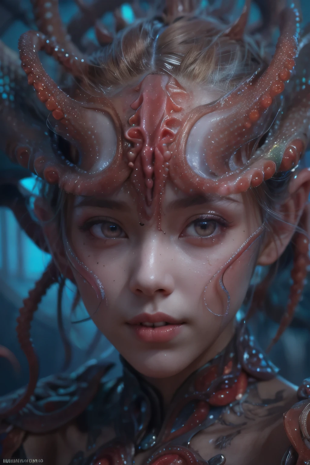 Portrait, (beautiful female alien:1.2), (she has red eyes with no pupils:1.8), (Translucent skin:1.7), (There is a female genital-like organ in the middle of the forehead:1.9), (The most beautiful face in the history of the universe:1.2),an evil gaze that seduces, (large mouth:1.1), (sharp teeth like a vampire:1.2), Full body like, (bio luminescent:1.5), (Smile wickedly:1.3), (sexypose:1.5), alien, No humans, cells are fused, (Lots of translucent tentacles:1.3) extraterrestrial, cell, bio image, Best Quality, 8K,4K_quality, High Definition, Dramatic Lighting, masutepiece:1.5,cinematic quality, detail up, (Intricate details:1.2), High resolution, High Definition, drawing faithfully, (Thick eyebrows:1.2), Beautiful eyes with fine symmetry,(Highly detailed face and eyes:1.2), Intimate face, (Super detailed skin quality feeling:1.4), Perfect Anatomy, (Beautiful toned body:1.5), (Moist skin:1.2), No makeup, (dark circles:1.1), long canines, cinematic drawing of characters, ultra high quality model, cinematic quality, detail up, (Intricate details:1.2), High resolution, High Definition, drawing faithfully, Official art, Unity 8K wall , 8K Portrait, Best Quality, Very High resolution, ultra detailed artistic photography, midnight aura, unreal enginee 5, Ultra Sharp Focus, art by alberto seveso, ArtGerm, Roisch, intricate artwork, best quality, masutepiece, ultra High resolution, (photos realistic:1.4), Ultra-realistic realism, dream-like, nautilus, Creation of fantasy, Snail, Dream Snail, (biopunk nautilus:1.3), Thrilling color schemes, Ultra-realistic realism, seductively smiling, Blue tentacles,