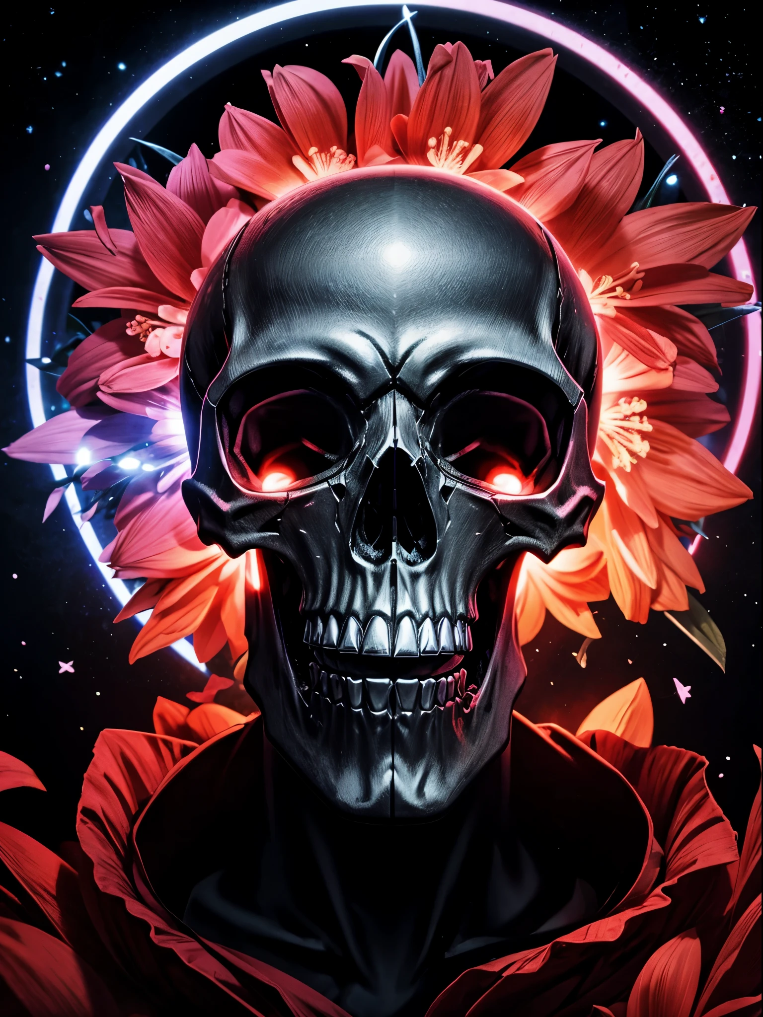 pixelated style,(glowing red,cross-shaped glow,blooming flowers)),interstellar misty background,polished,((silver skull)),light composition,rainbow,rainbow around the skull,vibrant,various structural power effect illustrations,glorious circular composition,alone,gbaportrait