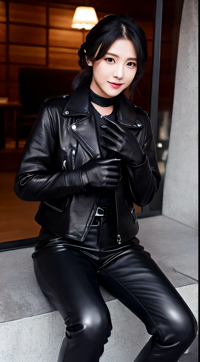 Black leather riders jacket, Office in the Dark, Black leather glove fingertips on both hands,Wearing black leather gloves,Sitting in a black leather chair、 Japan Female New Employees (Black leather gloves cover both hands) (The angle is sideways)、Black Leather Leather Pants,Black Leather Black Leather Pants,Black Leather Skinny Pants、Long black leather boots on both feet、Black Hair Ponytail ((He wears black leather gloves on his hands))Full body photo,Full Body Shot Full Body Full Body Leather Suit,☺If you turn in this direction。Wearing black leather gloves,Wearing black leather gloves,Wearing black leather gloves,Wearing black leather gloves,Wearing black leather gloves,Wearing black leather gloves,黒のレザーパンツが美しい😍黒のレザーパンツが美しい😍黒のレザーパンツが美しい,😍I'm smiling while looking at you,Full body photo,Full body photo,Full body leather wear