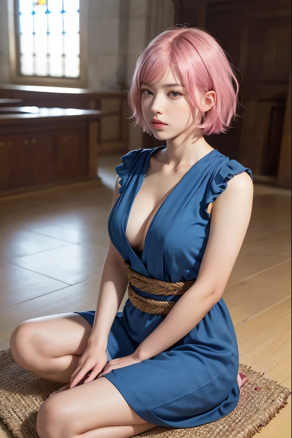 (8K, top-quality, masterpiece:1,2), (reallistic, Photorealsitic:1.37), Super Detail, One girl,), (Highly detailed), (beautifully detailed eyes), (of the highest quality), (super detailed ), (masterpiece), (Detailed face),20yr old, ,1 girl, full body, pink hair,Very short hair, , clothed, Perfect Lighting,  and , looking at viewer, aroused face,  face, Praying, praying for safety, ((monk, blue clothes, sitting upright, prayer pose)), church, sunlight