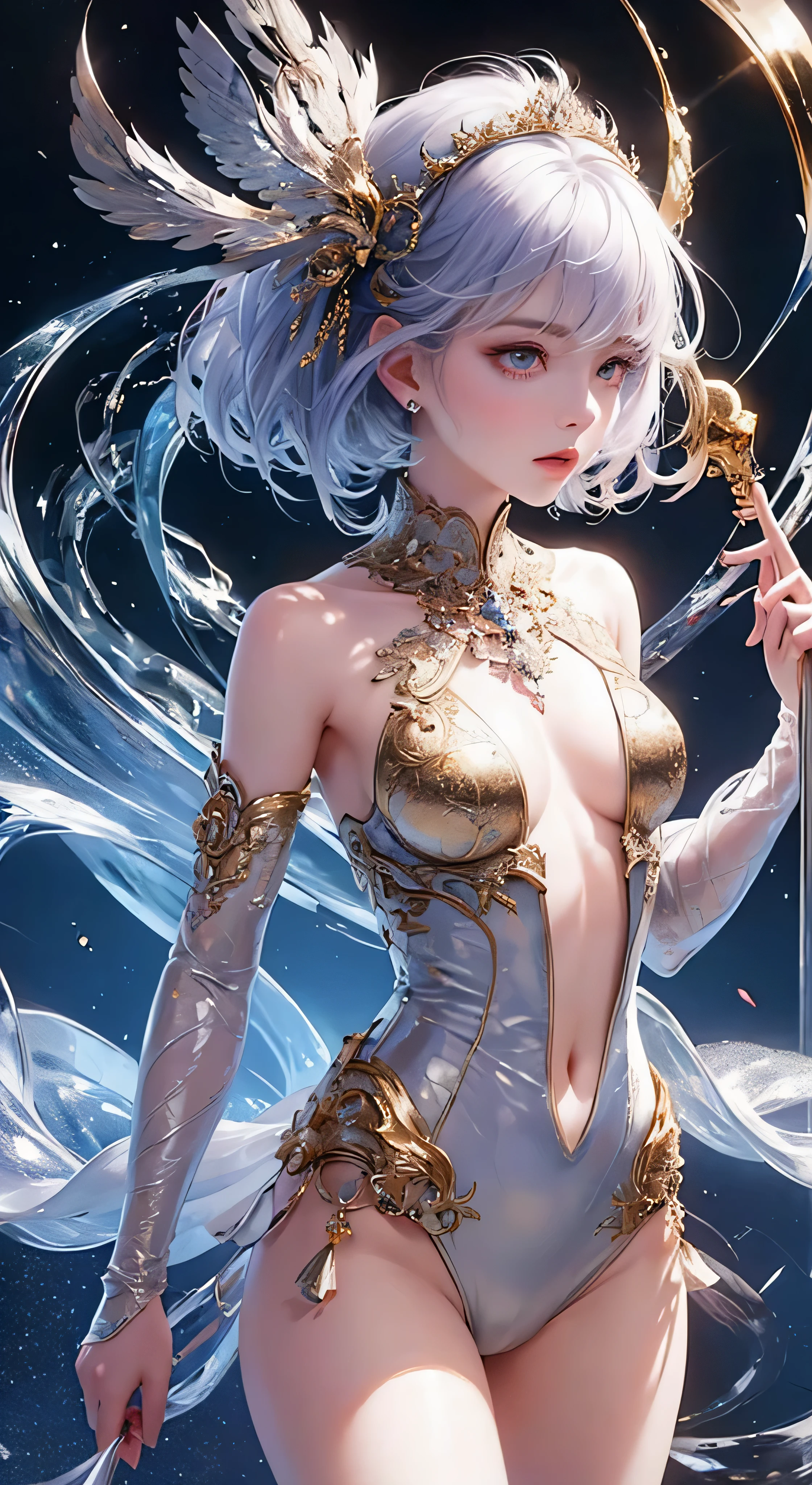 Castle in the distance、The face is front、Looking at the camera、profile、8K、realphoto、超A high resolution, Master Parts, Best Quality, nffsw , cinematic images,Lovely girl、ann、16 only、annグロサクソン、二重まぶた、drooing eyes、Very big eyes、Eyes purple、Dark eye shadow、The lips are very thin、The tip of the nose stretches beautifully...............................、small nostrils,,,,, ighly detailed , Silver hair、Straight short hair、ssmile、 Sweet look 、a very beautiful woman、legs are long、Very clear shadows , jewely , A detailed eye, very intricate, shiny skins , パーフェクトブリリannト, Perfect Lighting, Dramatic shadows、White tiara on head、Gold necklace around the neck、White aristocratic dress with gold embroidery、Glass High Heels、Angel White Wings
