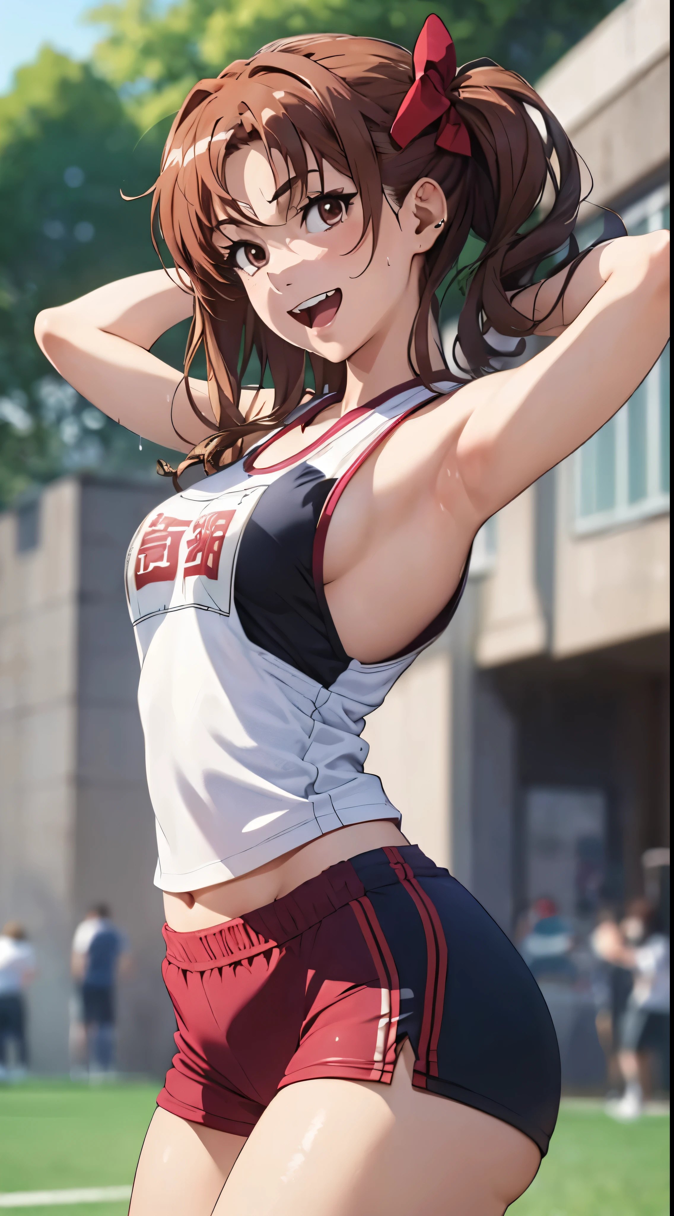 1womanl,Brown hair, beautiful breasts,(((Sexy white and red shiny gym clothes and short cheeks、Smile with open mouth)),(((Kuroko Shirai))),((( portlate))),Crowds,Shiny white gym uniform and red shorts,Wet with sweat,((athletic field)),see -through,outside of house,(((clothes shiny)))
