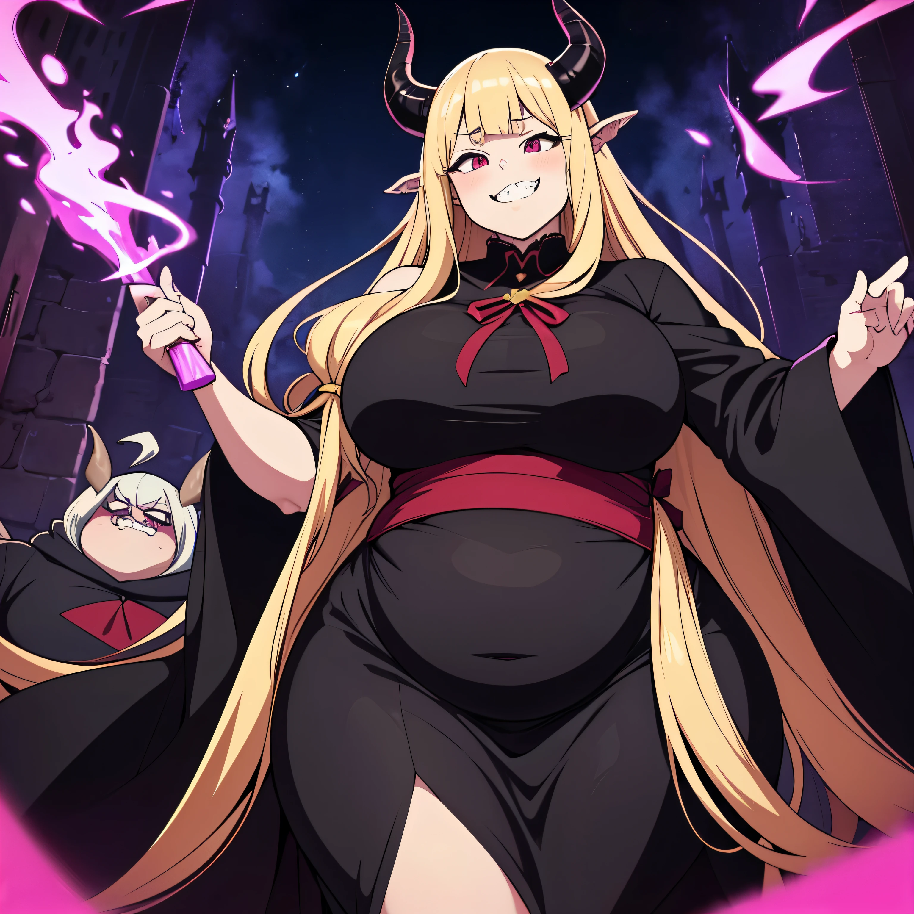 extremly obese and thicc demoness , waist length silky blonde hair , big round firm belly, demon robes, Black horns, Intimidating Smile, HD, hiquality,obese, creepy castle, cute ribbon, Pure evil, sharp teeth