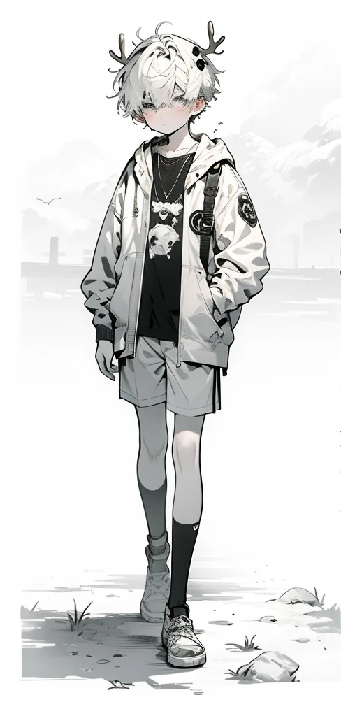 anime Full body illustration, , Full body illustration, full body portrait of a short!, single character full body, A, かわいい男の子のAニメビジュAル, portrait of a full body、deer ears、Deer antlers、shorth hair、ダークブラウンのshorth hair、shortpants、