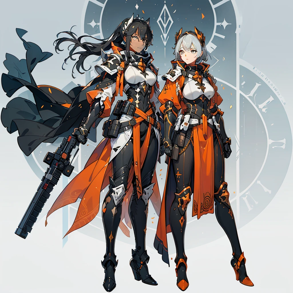 (((One character))), Female, (((Dark Skin)))), Black Hair with Ponytail, Light Blue Eyes, Round Glasses with a Little Dark Lens with this Lens being Orange, and the Light Blue Color frame, (((Black Metallic Gauntlets and Greaves with Orange and Silver Highlights)), (((The Clothes Have a Mix of Modern and Tribal)))), Having Mostly Black Color,  but having Orange Parts, Shoulders on Display, On the Hip a Shorts extending to Half of the Thigh of black color.