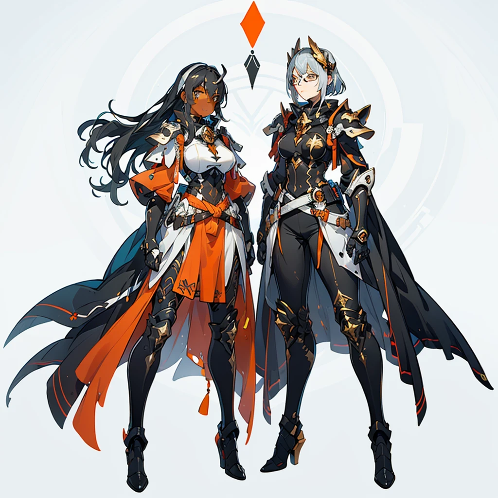(((One character))), Female, (((Dark Skin)))), Black Hair with Ponytail, Light Blue Eyes, Round Glasses with a Little Dark Lens with this Lens being Orange, and the Light Blue Color frame, (((Black Metallic Gauntlets and Greaves with Orange and Silver Highlights)), (((The Clothes Have a Mix of Modern and Tribal)))), Having Mostly Black Color, but having Orange Parts, Shoulders on Display, On the Hip a Shorts extending to Half of the Thigh of black color.