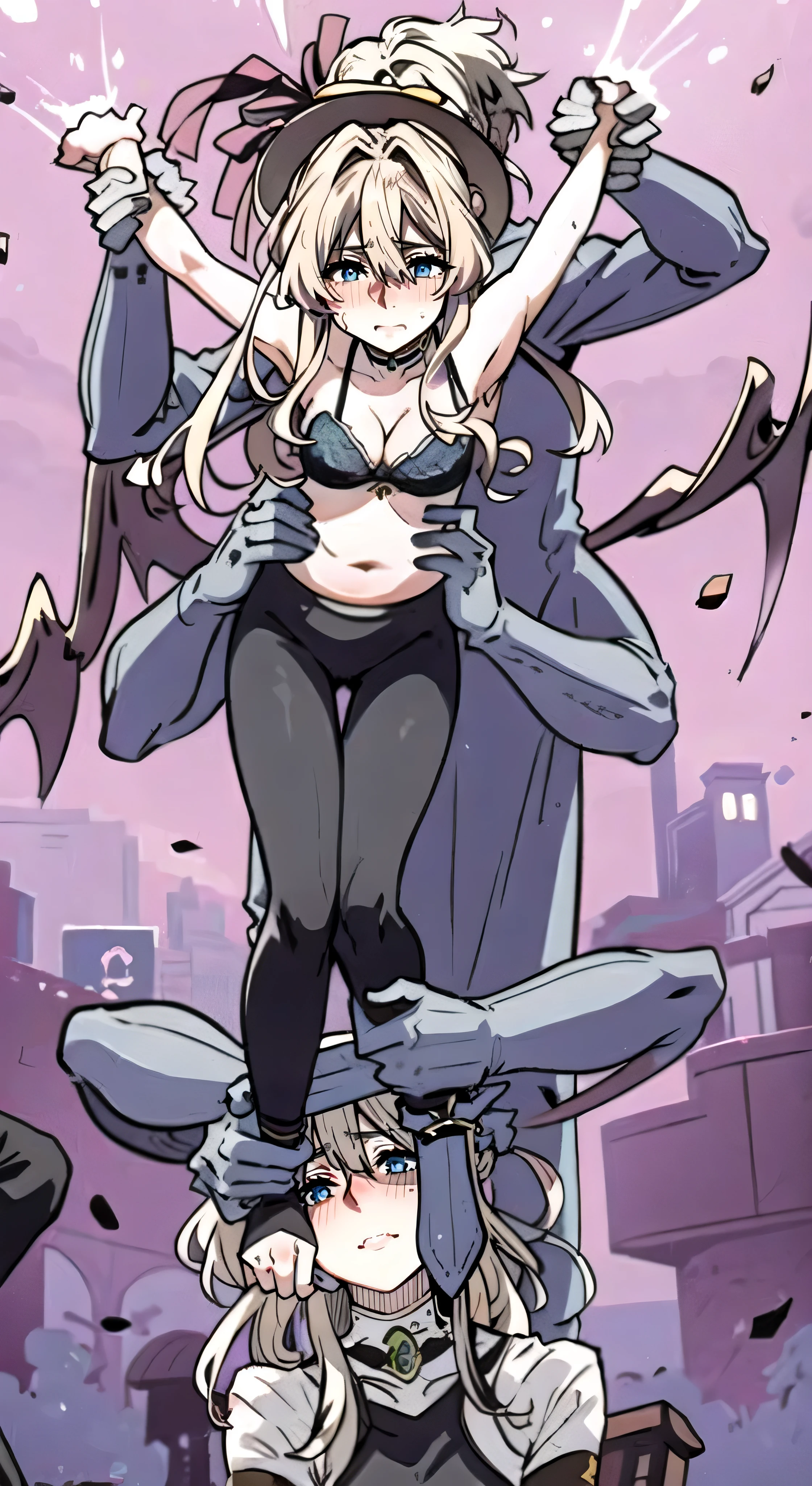 Violet Evergarden, long blonde hair, blue eyes, tickling, tickle, laughing, bra, exhausted, drooling, begging, pleading, hands on her hips, hand on her head, Many tentacles wrapped around the girl,