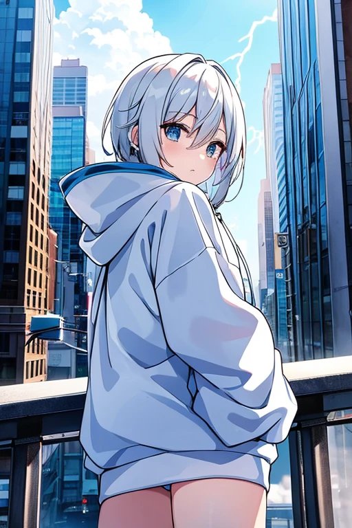 anime girl with white hair, A hoodie with a lightning design, ear phone, Under the blue sky, A city scape