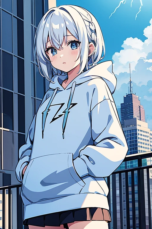anime girl with white hair, A hoodie with a lightning design, ear phone, Under the blue sky, A city scape