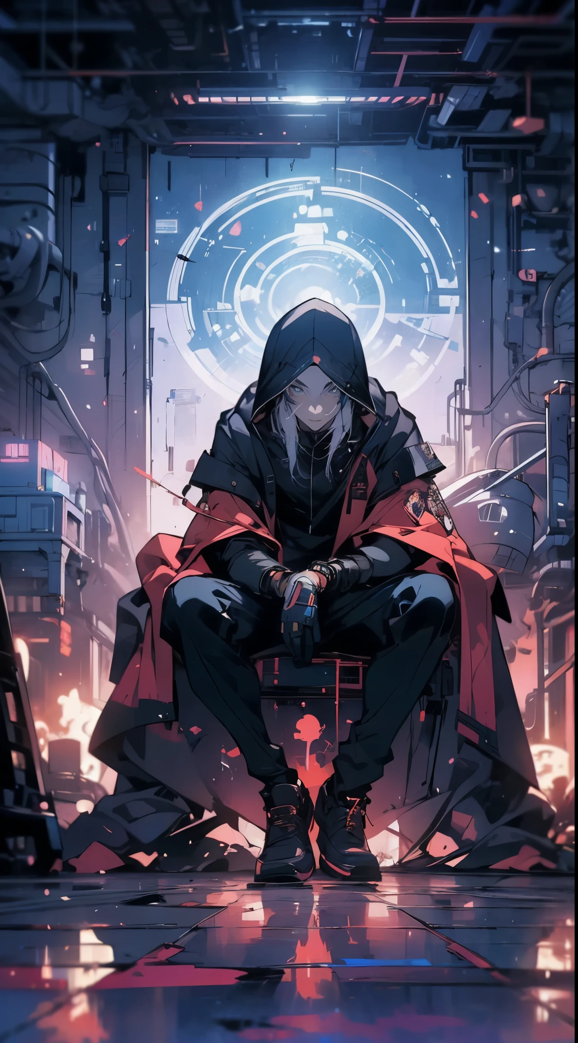 masterpiece,best quality,1boy,male focus,solo,full body,white hair,having a red halo over his head(hooded_cloak:1.1), inside a messy room, sitting in an open window, looking outside, long shot, far away， digital cyberpunk anime art， badass anime 8 k， Anime style 4 K， Anime art wallpaper 8 K， digitl cyberpunk - anime art， anime wallpaper 4k， Anime wallpapers 4 k， anime art wallpaper 4k， Anime art wallpaper 4 K， 4k anime wallpaper，In flames