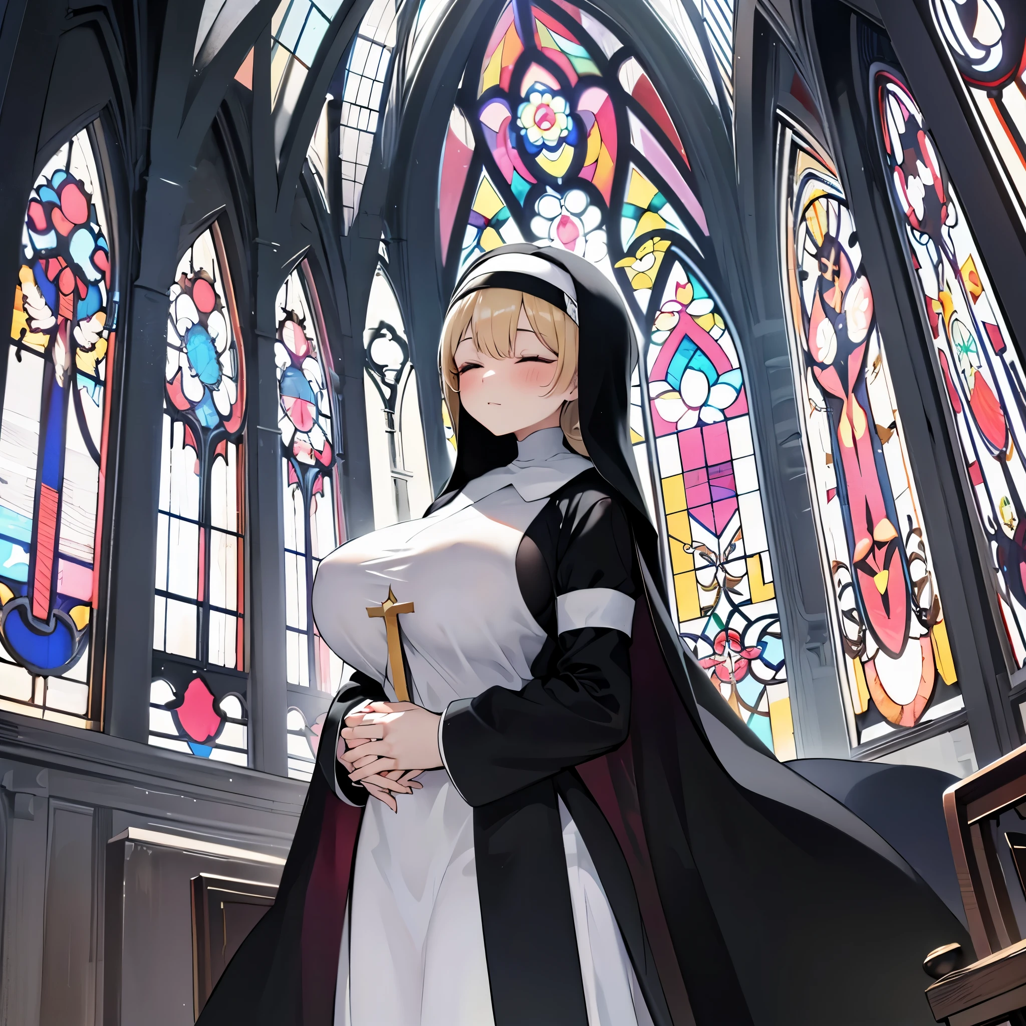 solo 1 praying num standing in church, praying with holding hands together, (long black sheer nun's robe:1.2), (huge breasts), very thin waist, closing eyes, nose blush, heavy breathing, stained glass