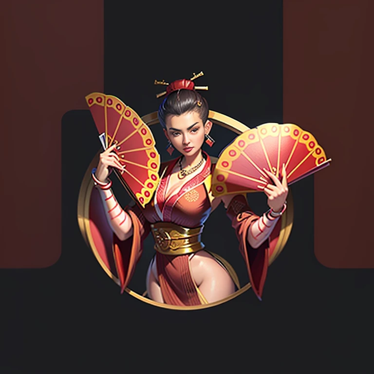 Queen, beautiful, necklace,hair top knot bun style held by 2 hair pins,sexy, design on clothes,milf,design on clothes,milf,form fitting kimono type clothes, red-mehroon fans, reddish clothes, gold patterns,