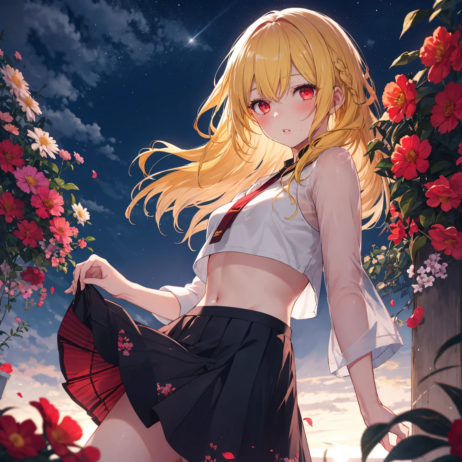 realistic, 1girl,yellow hair,red eyes, glowing eyes, crop top, skirt, parted lips, blush, night, flowers, sun, sunlight,