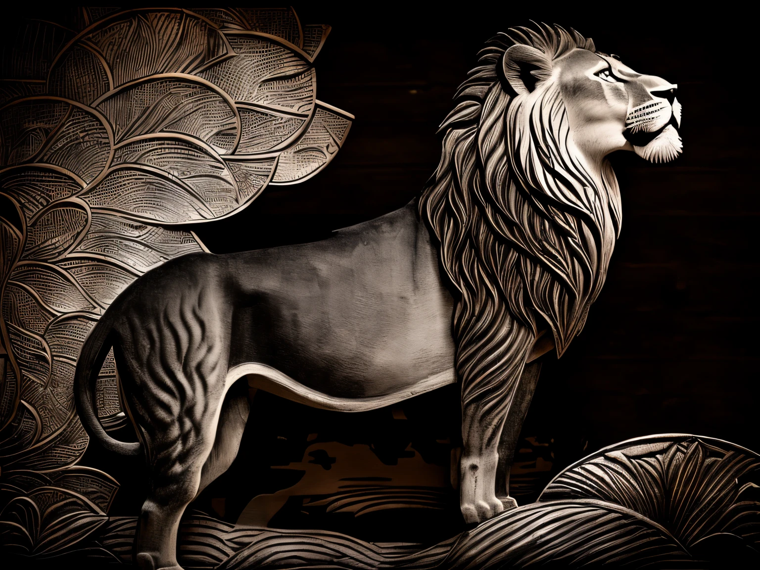 Wooden carved board with deep carved relief, wooden texture, greyscale without colors, depth map, 2 d relief, African ornate, lion half figure on the hills, wooden artwork
