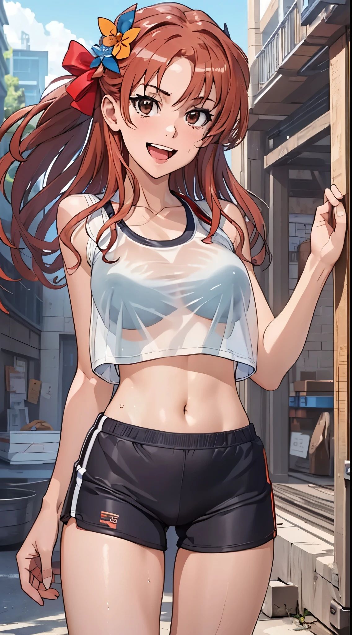 1womanl,Brown hair, beautiful breasts,(((Sexy white and red shiny gym clothes and short cheeks、Smile with open mouth)),(((Kuroko Shirai))),((( portlate))),Crowds,Shiny white gym uniform and red shorts,Wet with sweat,((athletic field)),see -through,outside of house,(((Shiny clothing)))
