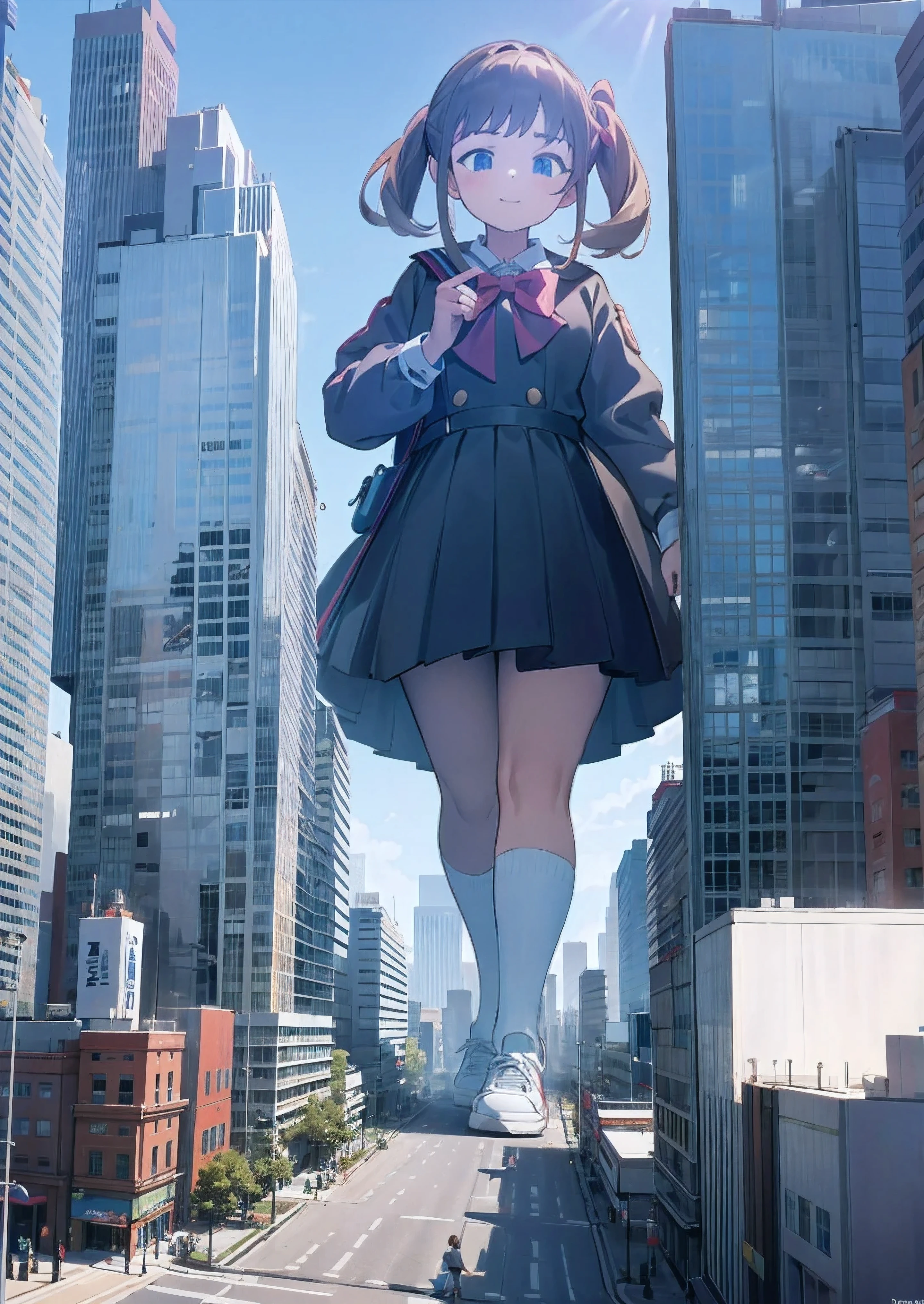 Big girl in school uniform standing on city miniature toys，girl looking down at the city，girl wearing sneakers