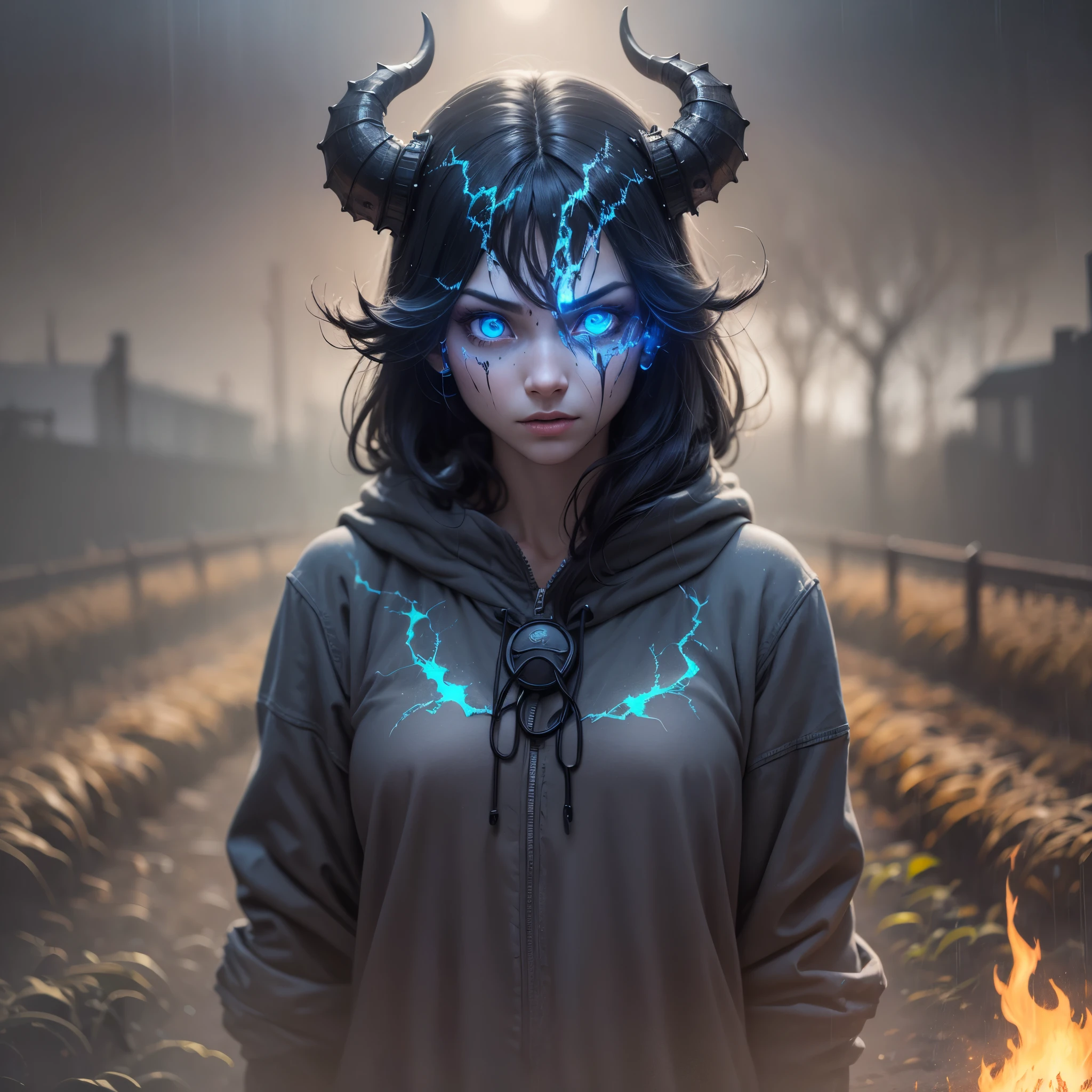 a demonic humanoid farmer, night, fall weather, dark, creepy, blue fire, rain, demonic, glowing dark blue eyes, horror, scary, 2 arms, 4 legs --auto --s2