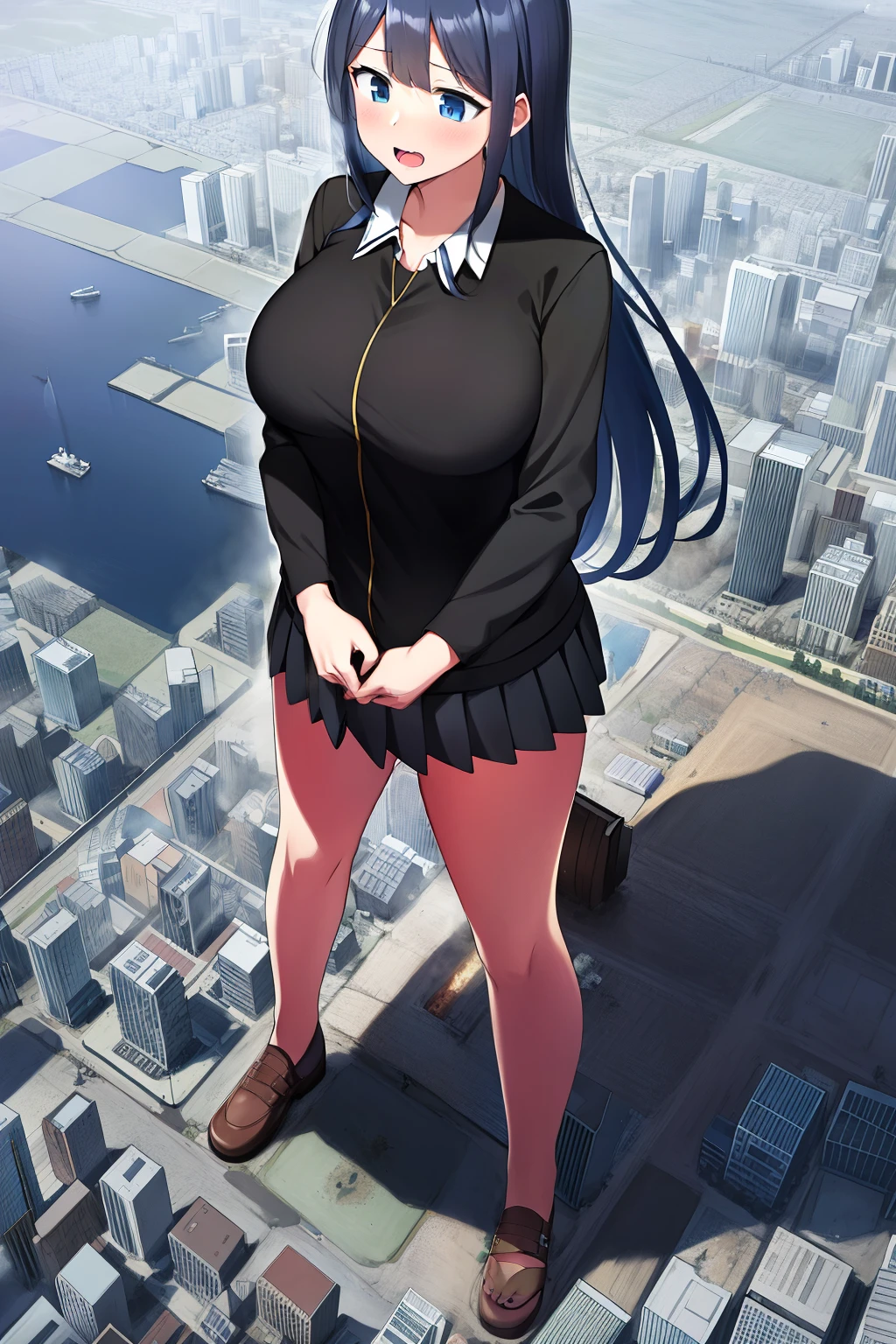 an anime female character standing next to a city, 1girl , solo, skirt, blue eyes, long hair, black hair, giantess, black skirt, open mouth, sky, giant, cloud, long sleeves, day, pleated skirt, full body, blue sky, city, breasts