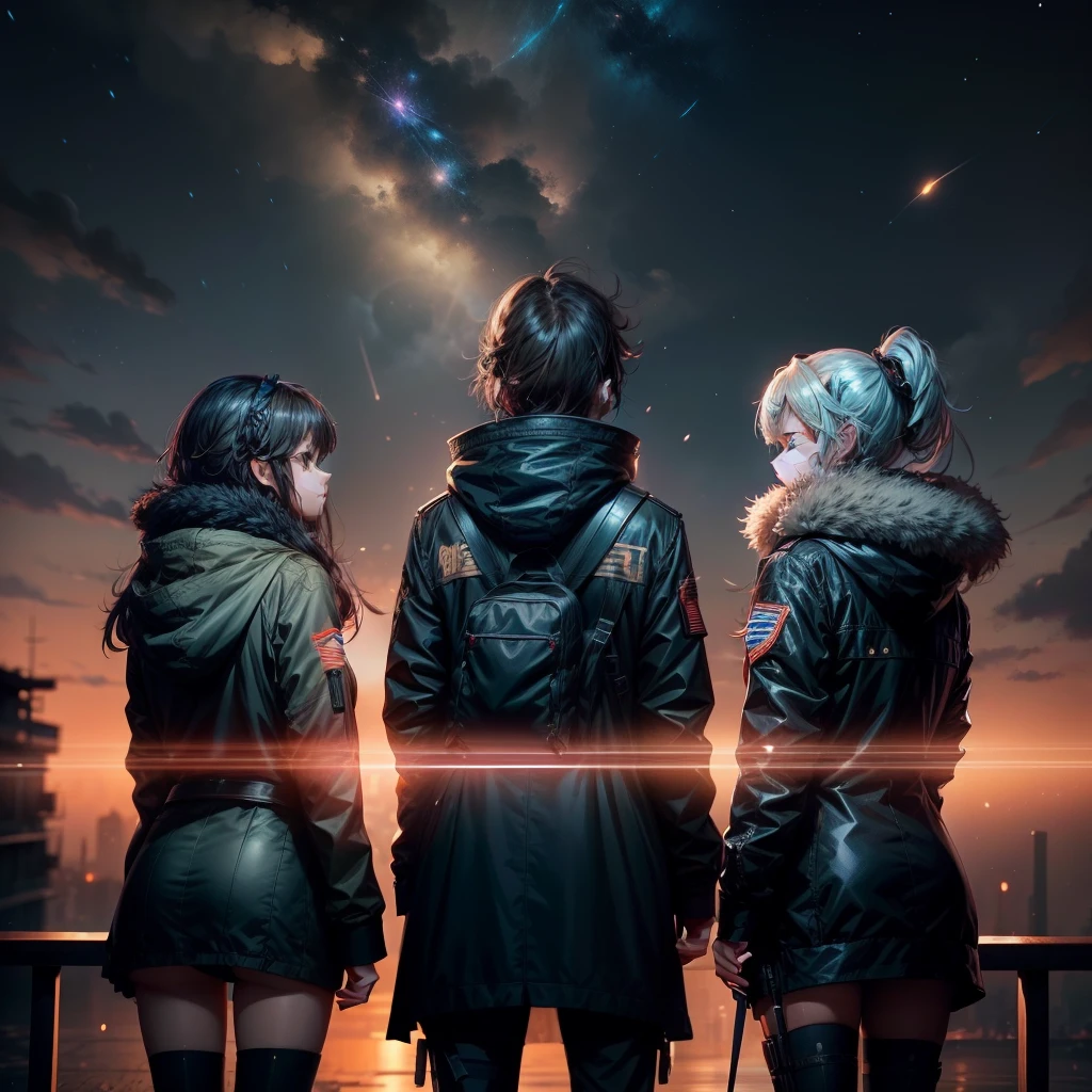 three girls and a boy are standing in front of a night sky, girls frontline universe, guweiz on pixiv artstation, girls frontline cg, 4 k manga wallpaper, artwork in the style of guweiz, best anime 4k konachan wallpaper, kantai collection style, guweiz on artstation pixiv, guweiz, girls frontline style