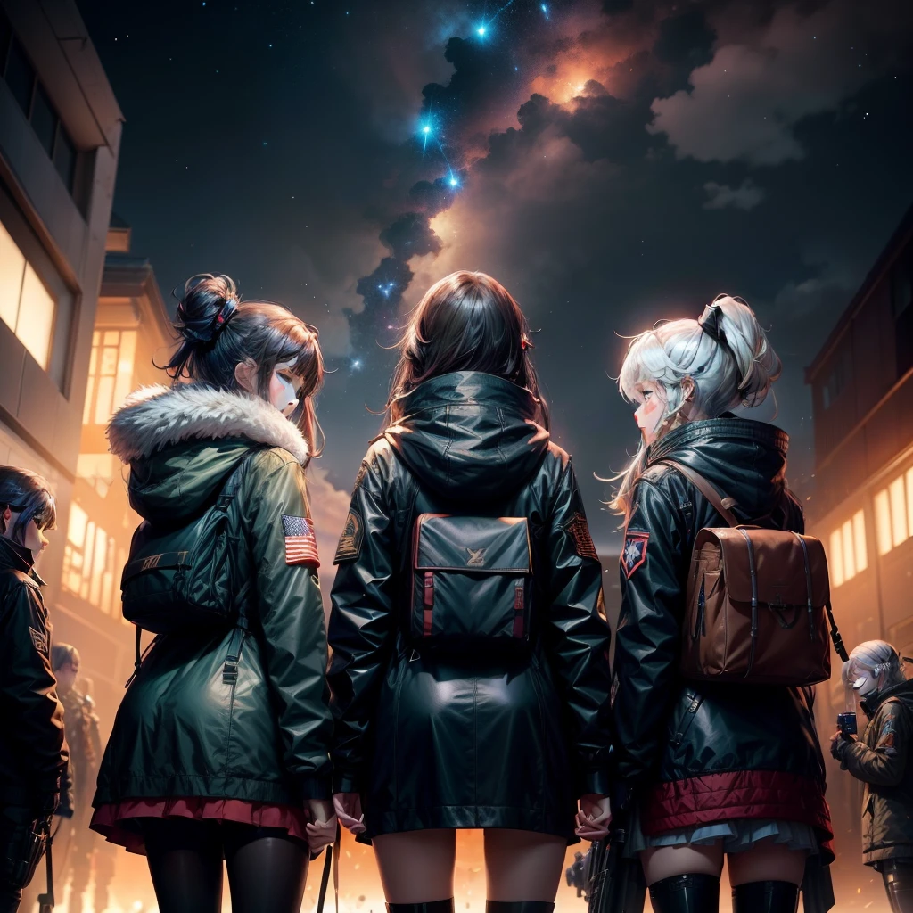 three girls and a boy are standing in front of a night sky, girls frontline universe, guweiz on pixiv artstation, girls frontline cg, 4 k manga wallpaper, artwork in the style of guweiz, best anime 4k konachan wallpaper, kantai collection style, guweiz on artstation pixiv, guweiz, girls frontline style