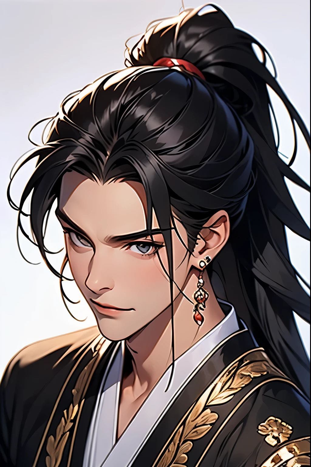 Best quality,A high resolution,The image is clear:1.2，A man in a black Hanfu，Bad laughs，the only person，，Long black hair and high ponytail，simplebackground，