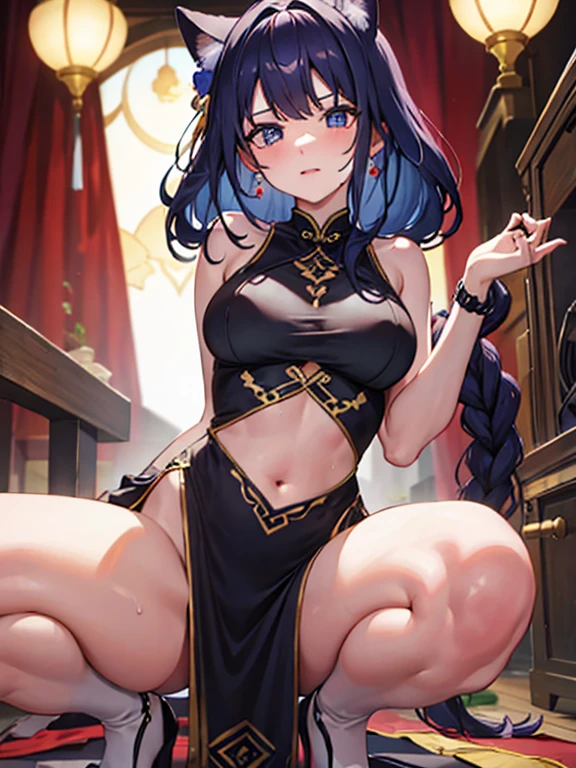 Sleeveless cheongsam、Deep slit、Colossal tits、The heart in the eyes、Sticking out the navel、Arms Raised Above Head、Wet with sweat、A slender、squatting and spreading legs、