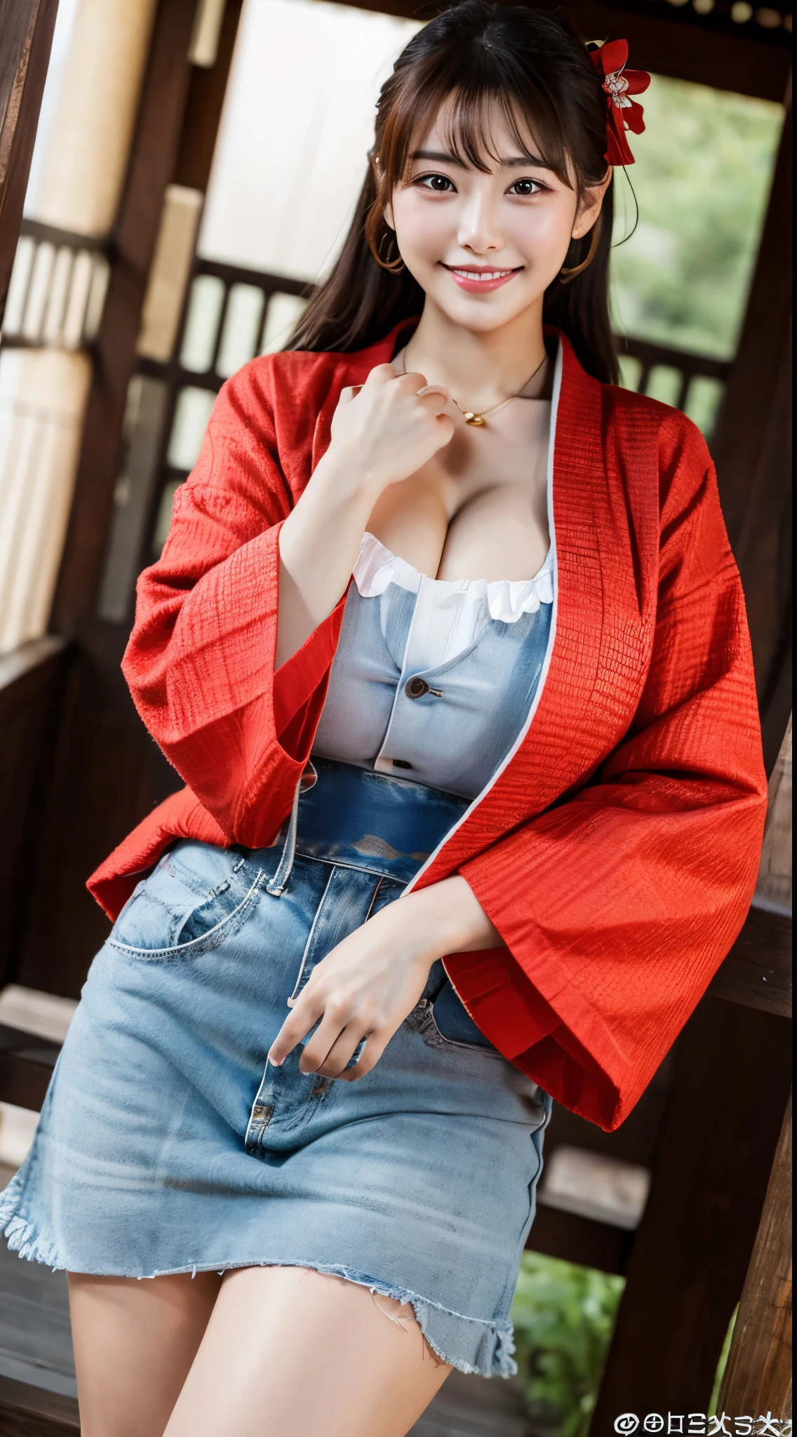 hightquality,8K,high-level image quality,A Japanese Lady,1 personality,A smile,tall,thick plump thighs,Realistic texture,Face in Focus,Muchimuchi,(red kimono1.8,GOLD line),valley,saggy tits ,huge tit