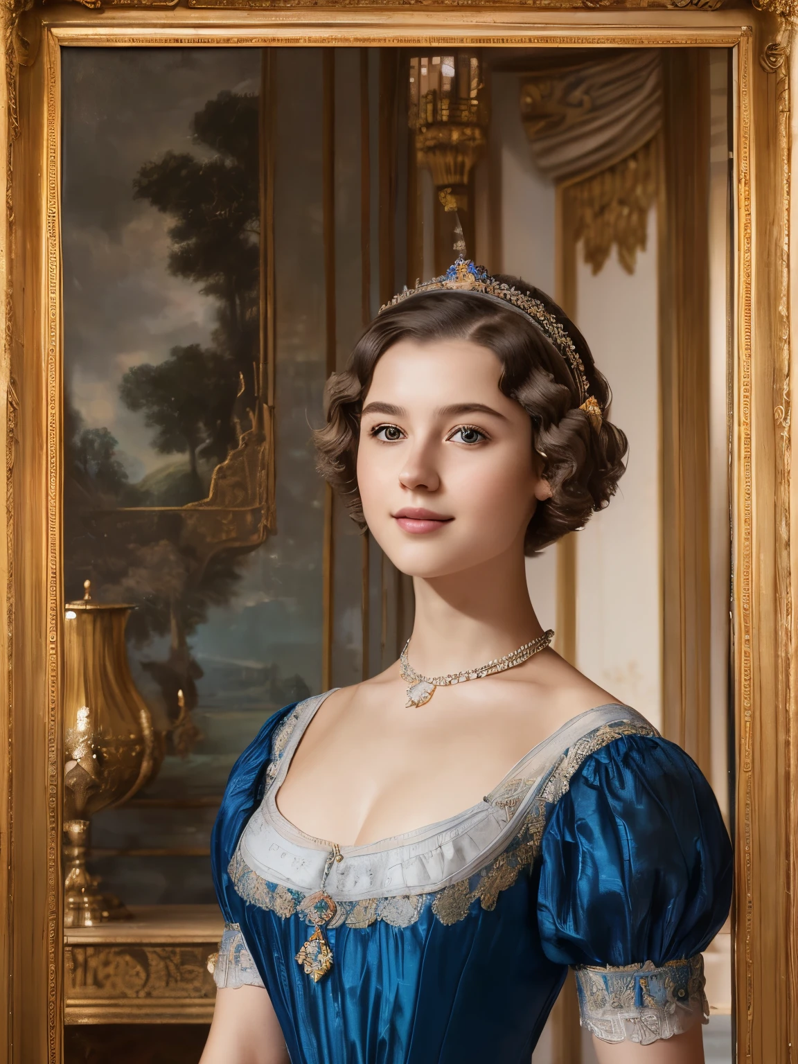 142
(a 20 yo woman,in the palace), (A hyper-realistic), (high-level image quality), ((beautiful hairstyle 46)), ((short-hair:1.46)), (kindly smile), (breasted:1.1), (lipsticks), (wearing a blue dress), (murky,wide,Luxurious room), (florals), (an oil painting、Rembrandt)