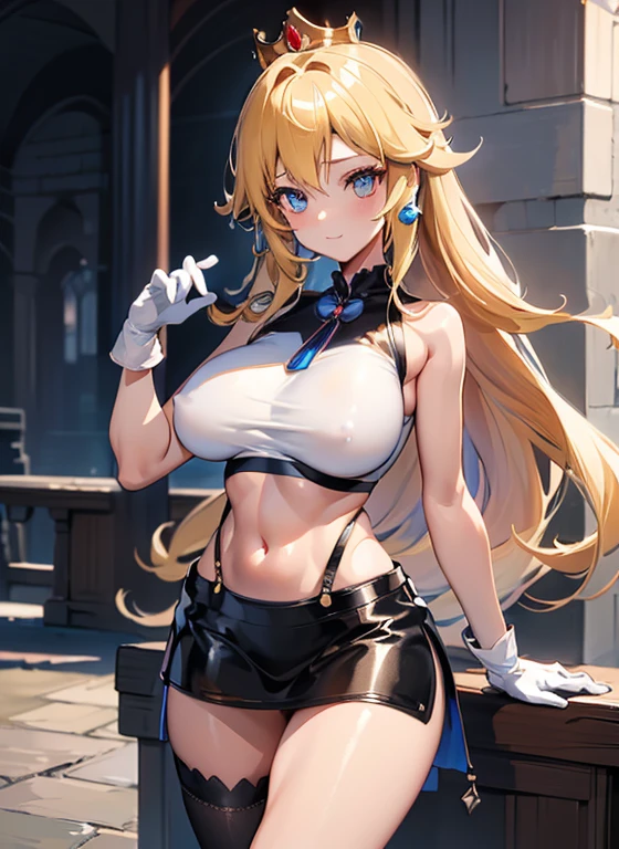 ((tmasterpiece)), ((Best quality at best)), (ultra - detailed), ((kawaii)), Kuveli), ((sexy for)), ((The is very detailed)), 4K, (8K), Best quality at best, (The beautiful), (style of anime:1.2), flat colour, painting of a, //, dynamicposes ((NSFW)), //, full bodyesbian, level, Beautiful girl with Blonde hair,with hair dishevelled,long Blonde hair,Sick,White pupils,The legs are thin,The legs are long, Blue eyelashes, tmasterpiece, 1 girl ((20yr old)), peach princess, (White sports bra), White cropped top, (black pencil skirt), (Black suspender loose loose ankle socks), (Red sneakers without gloves gloves on both sides, ssmile, long whitr hair, (Blonde hair, dark strong blue eye:1.2), eyes with brightness, (perfect eyes:1.2), (Perfect iris:1.2), //, (Cool), //, Sparkling, Super shiny body, Sparkling, Cute face, kawaii, , Delicate hair, ldisheveled hair, Riman, Riman ((seventh heaven)) , ((ground-level view)) High and high,thin, 8K, hyper realisitc, offcial art, NSFW, Be red in the face