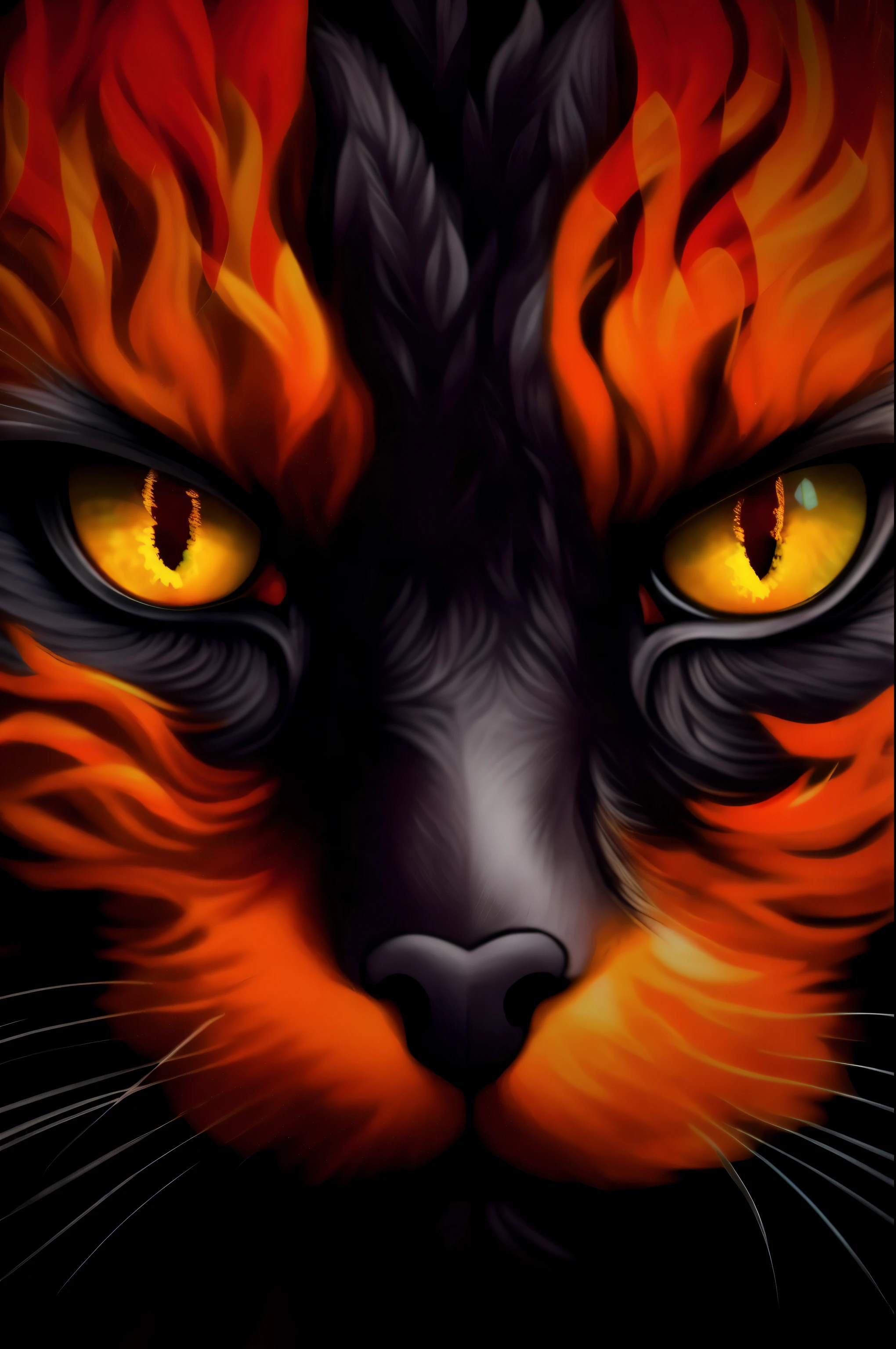 a close up of a cat with yellow eyes and flames on its face, bright fire eyes, fiery eyes, fire eyes, orange eyes, glowing orange eyes, red fire eyes, fiery scorching red eyes, bright orange eyes, glowing fiery red eyes, cat - like scarlet eyes, big cat eyes, hd phone wallpaper, phone wallpaper hd, demon cat, amber eyes