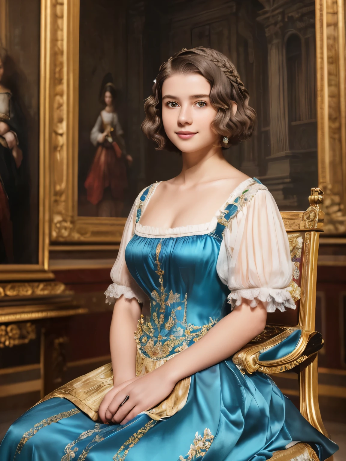 142
(a 20 yo woman,in the palace), (A hyper-realistic), (high-level image quality), ((beautiful hairstyle 46)), ((short-hair:1.46)), (kindly smile), (breasted:1.1), (lipsticks), (wearing a blue dress), (murky,wide,Luxurious room), (florals), (an oil painting、Rembrandt)