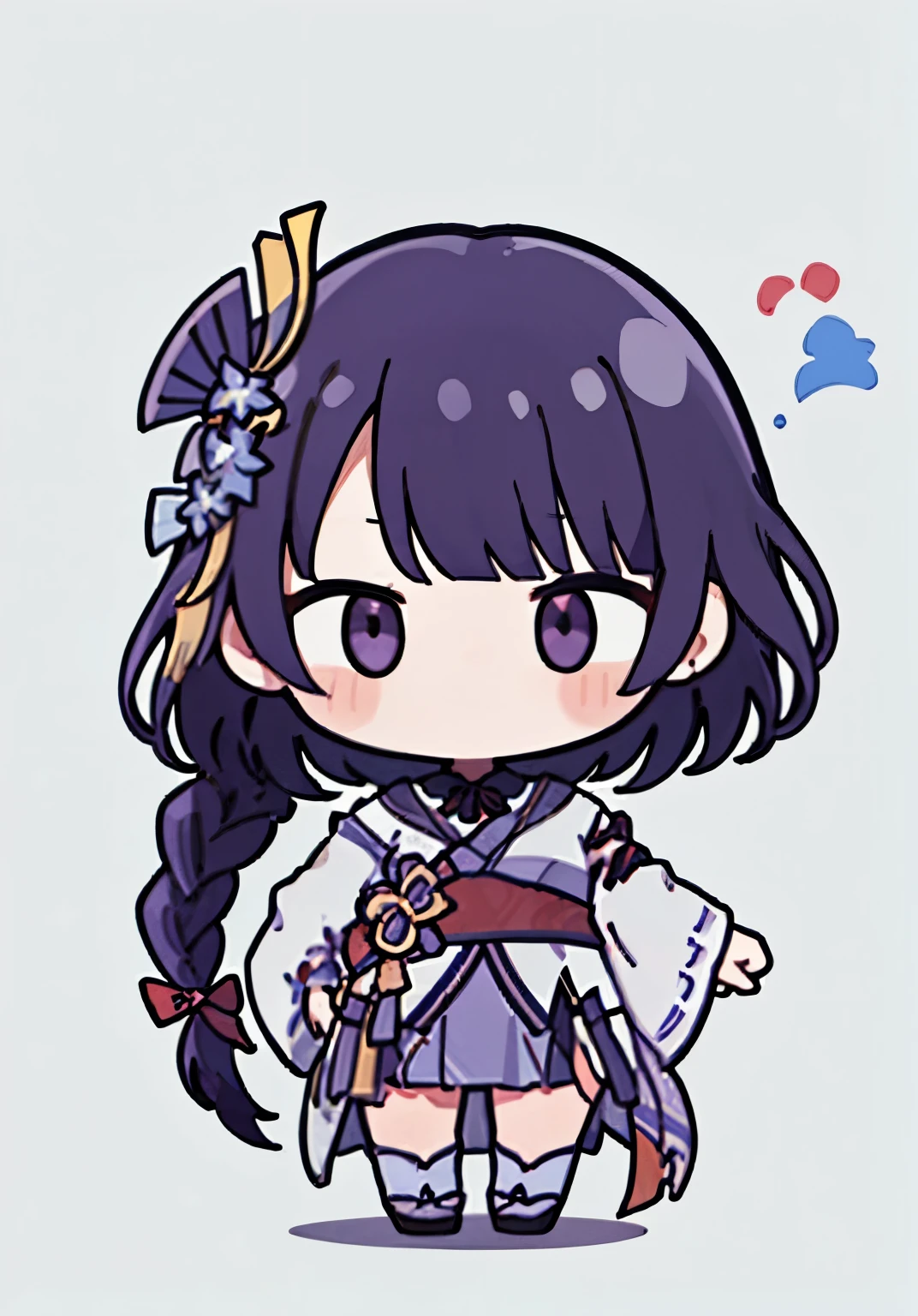 kamisatoayakadef, chibi, full body, white background, solidbackground,  background, high details, UHD, purple hair braid, purple eyes, Raiden Shogun