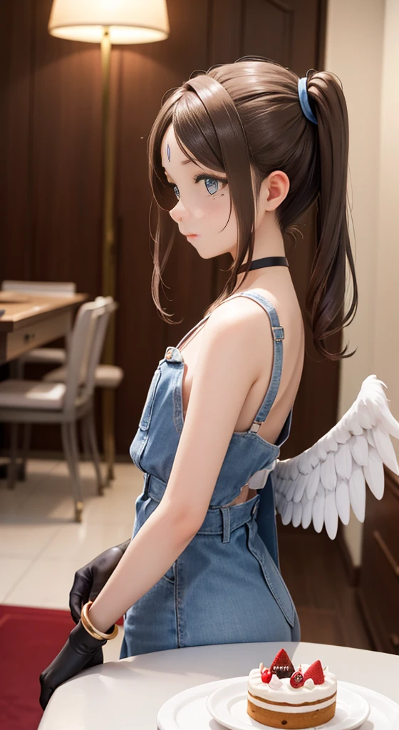 (masterpiece), bestquality, high-res, Bell Dandy, long-haired, Blue Eyes, brunette hair, facial mark, Forehead marker, gloves, wings, choker, bracelet, rings, body hair, angel wings, View from the side:0.6, (Forrest:1.1), stand, 20 age, birthday cake,table, gift box
