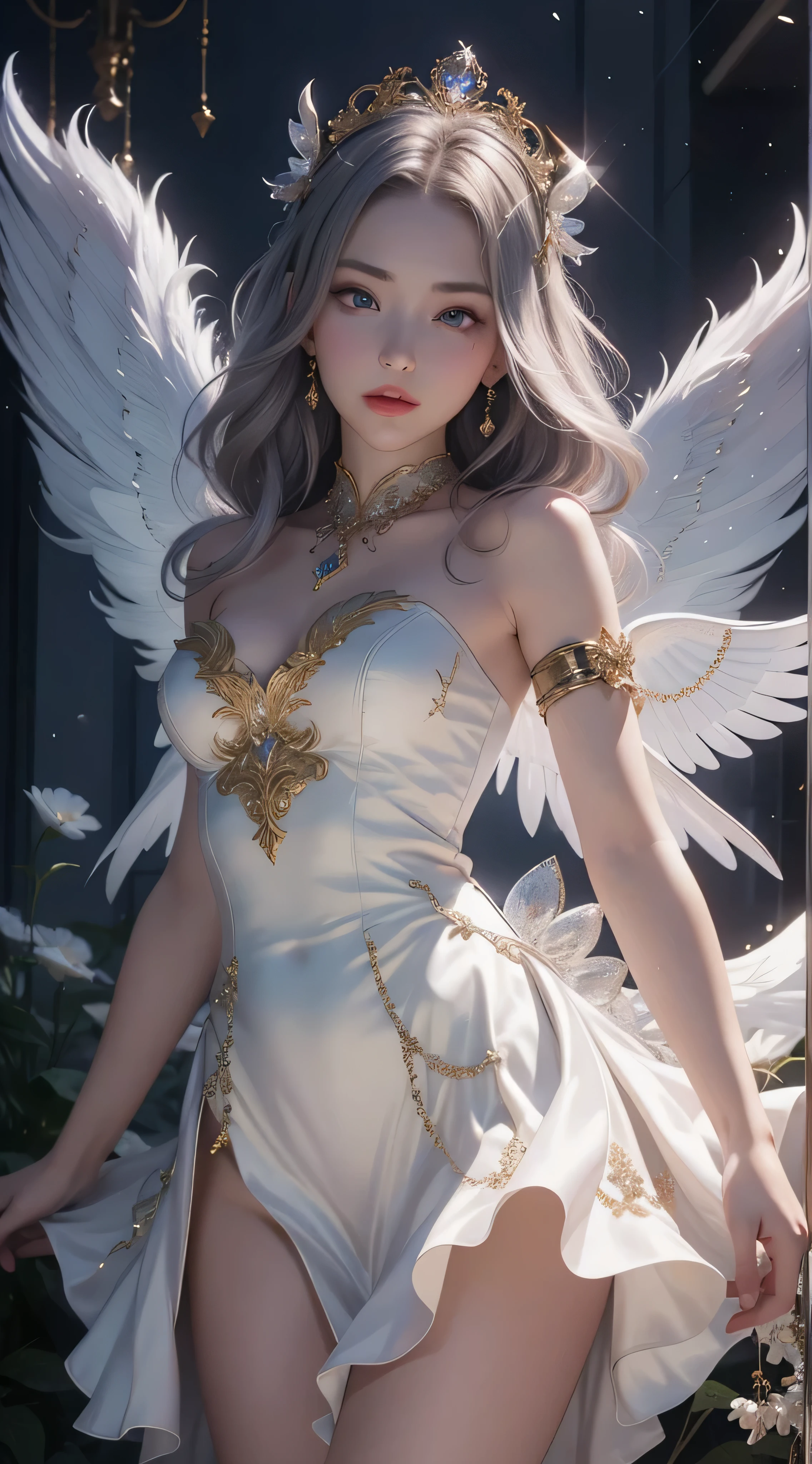castle in the distance、face is in front、look at the camera、profile、8K、real photos、ultra high resolution, master parts, highest quality, ticker , cinematic images,nice girl、Ann、16 only、Annグロサクソン、double eyelid、droopy eyes、very big eyes、eyes are purple、dark eye shadow、lips are very thin、The tip of your nose grows beautifully........................、small nose,,,,, very detailed , silver hair、straight short hair、smile、 sweet expression 、very beautiful woman、long legs、）、very clear shadows , jewelry , fine eyes, Very difficult, shiny skin , パーフェクトブリリAnnト, perfect sentence, dramatic shadow、white tiara on head、gold necklace around neck、White aristocratic dress with gold embroidery、glass high heels、White Wings of an Angel