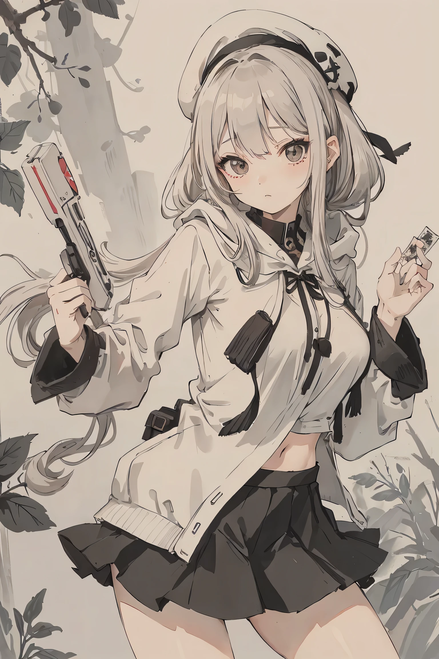 sparrow, a silver haired girl, wearing a white hoody, long hair, messy hair, black skirt, oversized hoody, slim body, seductive expression, medium breasts, she close her left eye, shirt ornament, lolippai, black beret, naughty girl, she hold condom, she has gun, breastholder inside her hoody