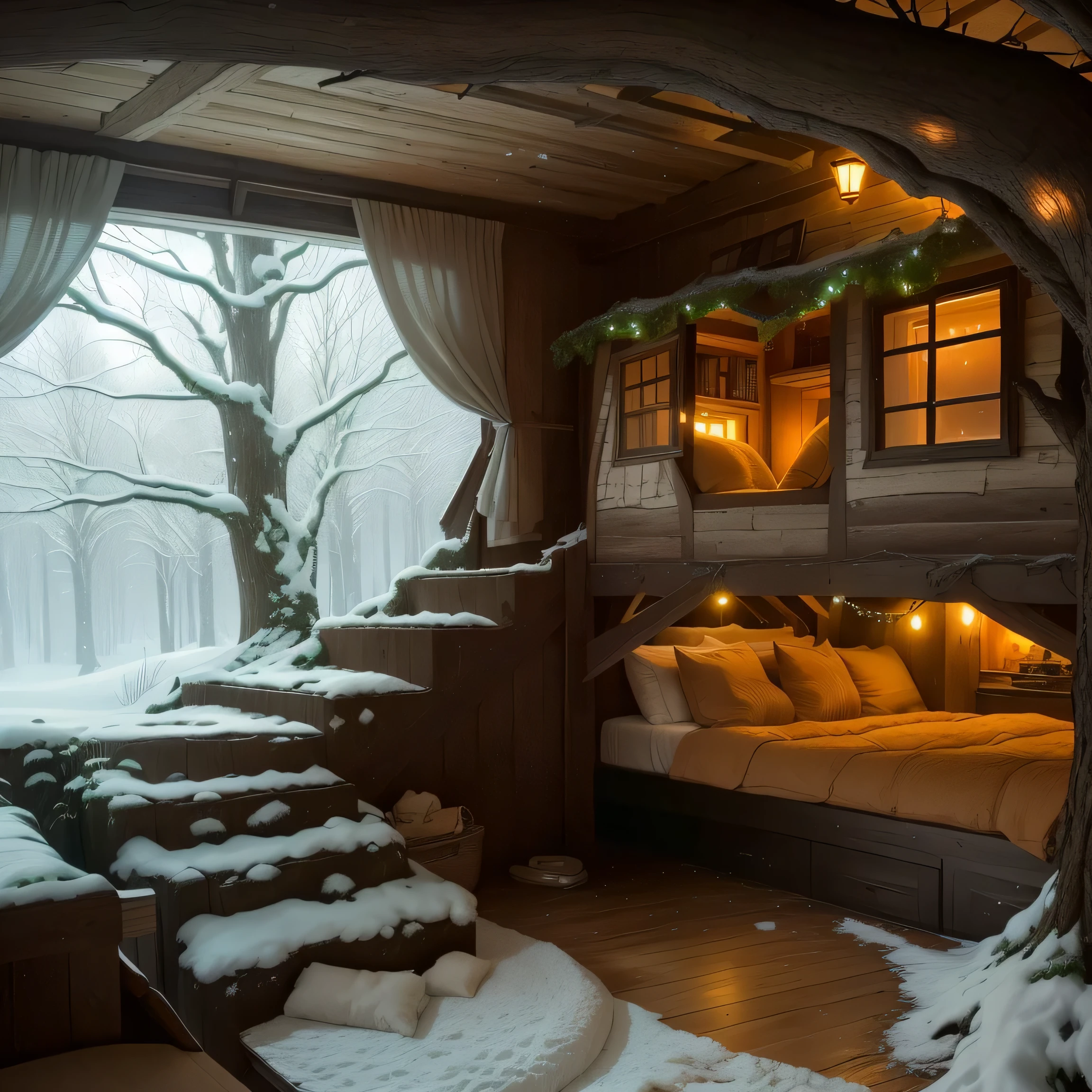 there is a bed in a tree house with a window, cozy place, charming scene of a, cozy room, Comfortable tree house bedroom, elves house, Comfortable and peaceful atmosphere, comfortable atmosphere, cozy and calm, cozy environment, very magical and dreamy, cozy bed, Magical environment, in a tree house, cottagecore!!, 🌲🌌, Very comfortable ar-16;9