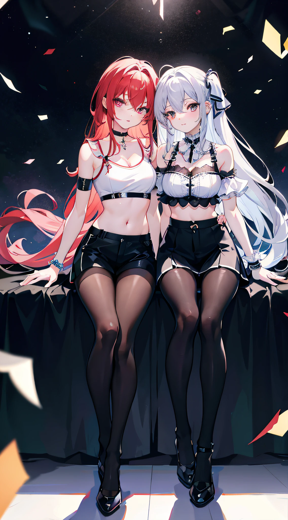 tmasterpiece,Best quality,offcial art,extremely detaild的 CG unified 8k wallpapers, 2 girls, cute girls, Yuri, hair adornments, shorter pants, Crop top, lace panty hose, ribbons_choker necklace, Leg straps,