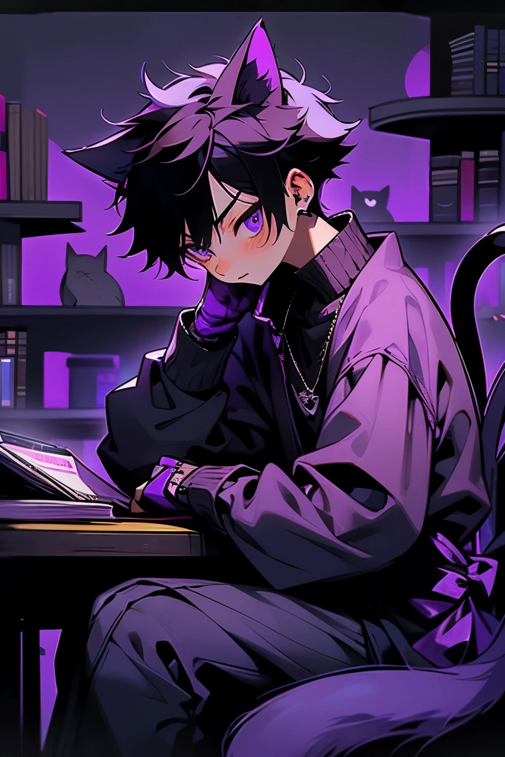 purple and black checkered wallpaper with a tan brown siamese catboy sitting by near desk while (holding a smartphone), there is a book next to the cat, cartoon moody scene, sfw, gloomy atmosphere, gloomy mood, purple cat boy, gif, gloomy style, elokitty, emo boy with cat ears and tail, gloomy, in a gloomy library, anthropomorphic cat, studying, sad atmosphere