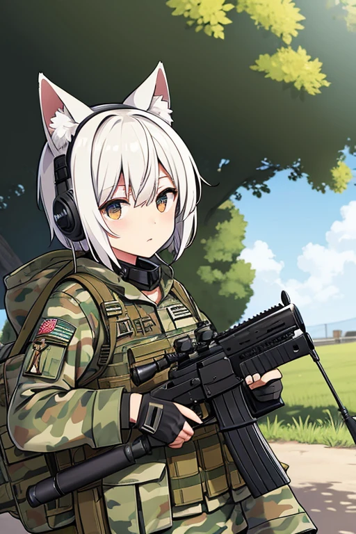 sniper rifles,white hair short,camouflage uniform,cat ear,head phone,