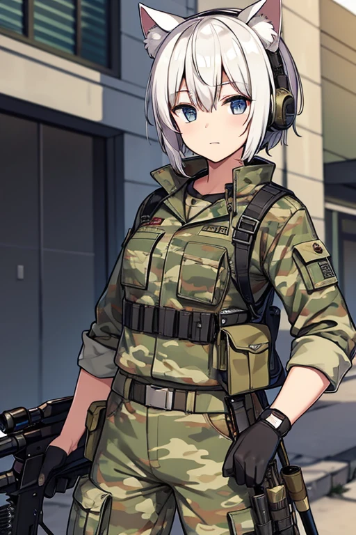 sniper rifles,white hair short,camouflage uniform,cat ear,head phone,
