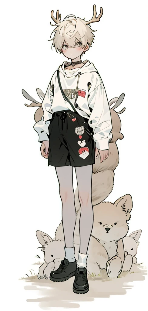 anime Full body illustration, , Full body illustration, full body portrait of a short!, single character full body, A, かわいい男の子のAニメビジュAル, portrait of a full body、deer ears、Deer antlers、shorth hair、ダークブラウンのshorth hair、shortpants、