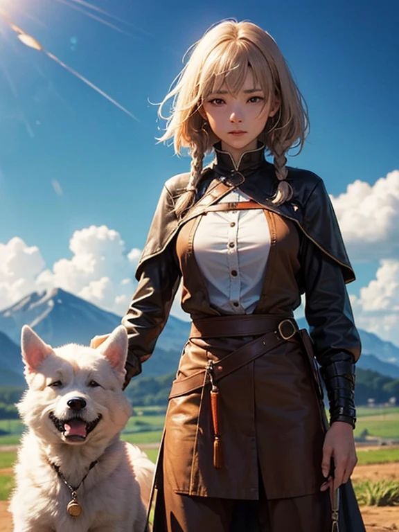 she was a girl who worked on a farm. She lives in difficult times., It's the Dark Ages. , Crazy World, Floating islands, Top quality cloud castle:1.3), (hight resolution:1), (Huge:1.3), (unbelievable:1.Perfect:1.Perfection:1.3), (Volume Cover Art:0), (Illustration:1.3),The Art of Makoto Shinkai、(A moment of peace for a female warrior)、ssmile、(check your dog's eyes、and me'I'll stroke you gently:1.5)