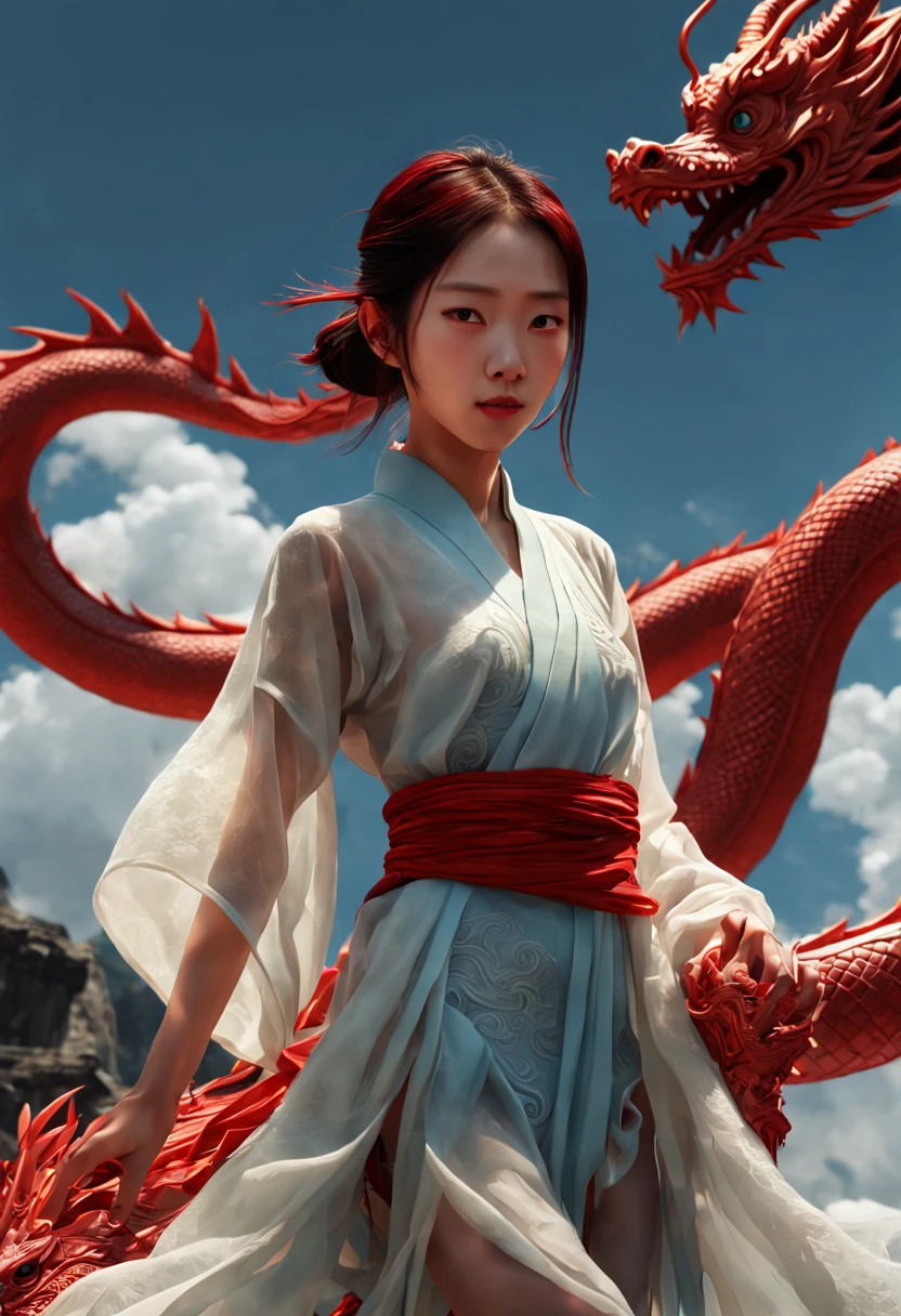 A red girl wearing thin gauze,in a light and flowing outfit intertwined with a dragon,Create a distinct 3D visualization of a miniature Chinese dragon,full of characters and characters,lively in a transitional setting The backlog should be brief,having a clear blue sky or soft clouds,to keep the focus on the dragon's reliable design The dragon itself should have feature realistic textures and a lifestyle,engaging expression,captured in a way that showcases its magnetic,mythical nature in a heartbeat,invading Manner, looking at the camera,(pore:1.2),asia,ultimate details
