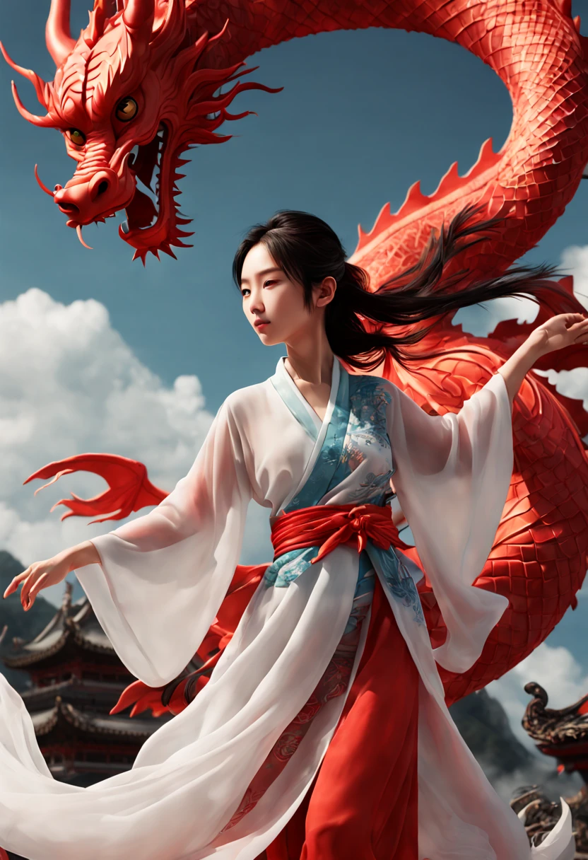 A red girl wearing thin gauze,in a light and flowing outfit intertwined with a dragon,Create a distinct 3D visualization of a miniature Chinese dragon,full of characters and characters,lively in a transitional setting The backlog should be brief,having a clear blue sky or soft clouds,to keep the focus on the dragon's reliable design The dragon itself should have feature realistic textures and a lifestyle,engaging expression,captured in a way that showcases its magnetic,mythical nature in a heartbeat,invading Manner, looking at the camera,(pore:1.2),asia,ultimate details