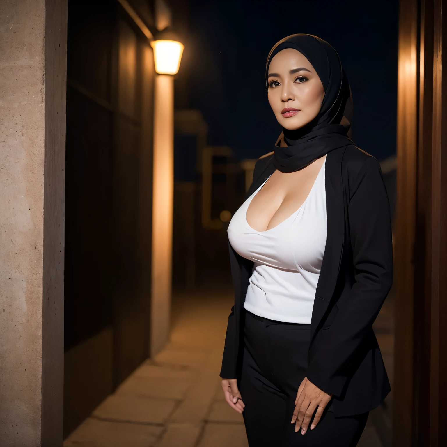58 years Old, Hijab Indonesian mature woman, Extra Gigantic Tits : 82.9, Blazer, long Stockings Pants, busty body, Dark light, at Nighttime.