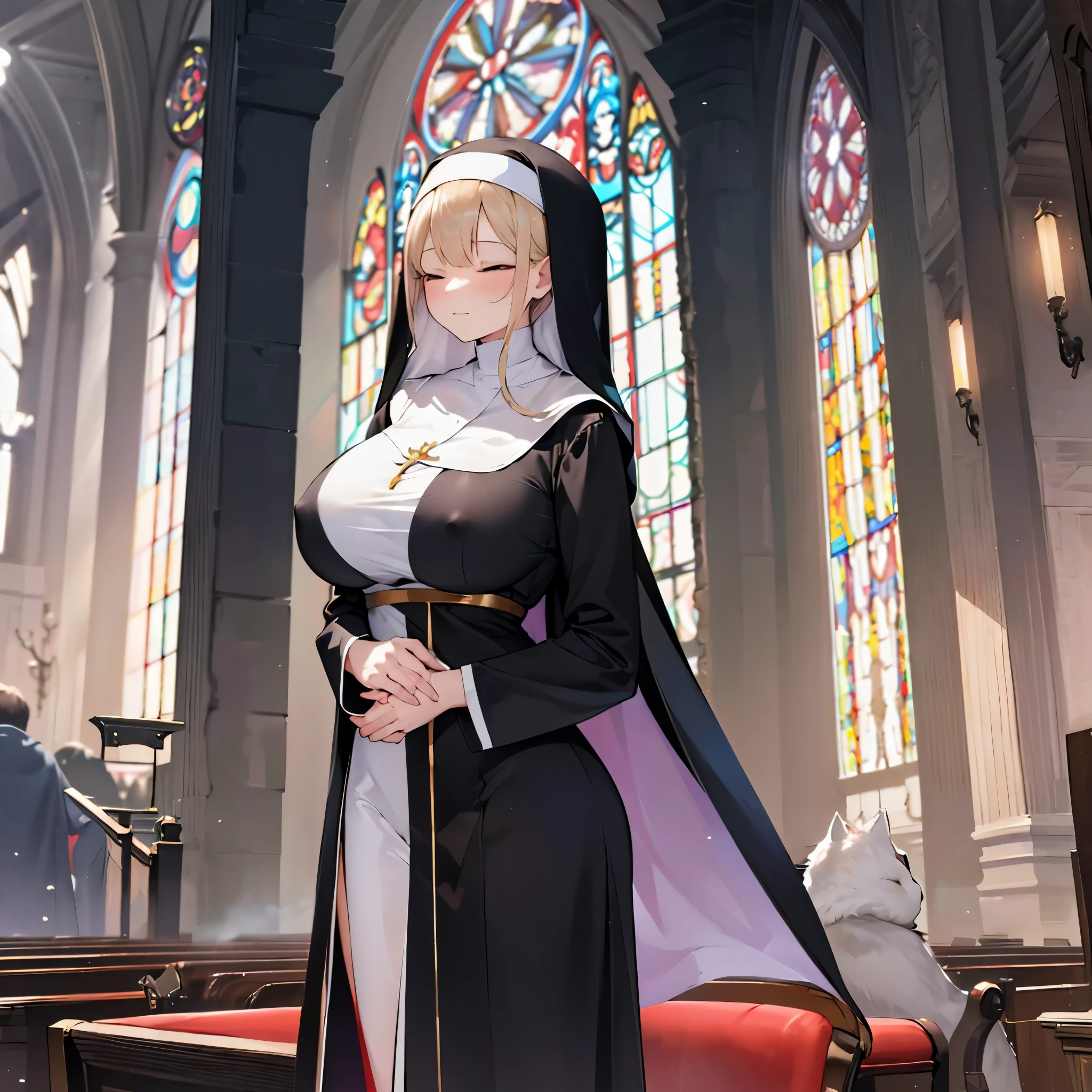 solo 1 praying num standing in church, praying with holding hands together, long (black sheer nun's robe:1.2), wearing nothing under black nun's robe, (huge breasts), very thin waist, closing eyes, nose blush, heavy breathing, stained glass